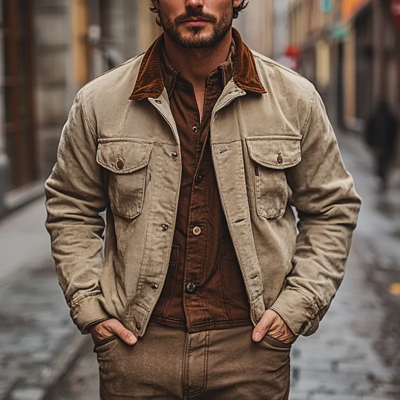 Men's Vintage Corduroy Lapel Colorblock Single-Breasted Jacket MTA2252I6X sold by Manly product image thumbnail 4
