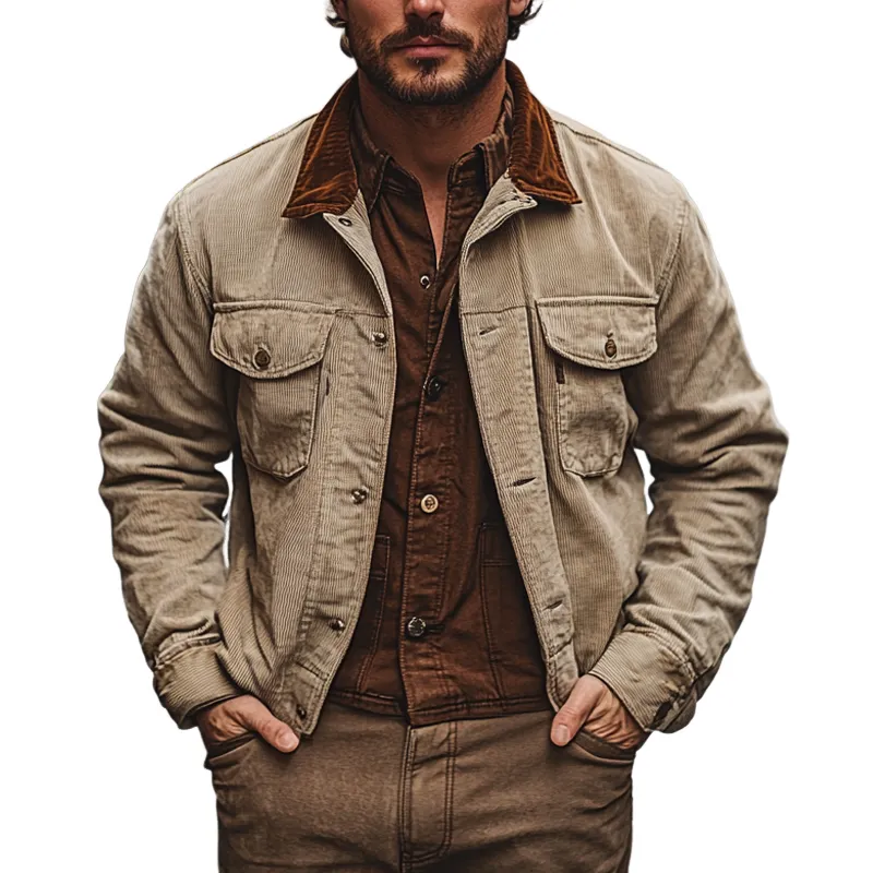 Men's Vintage Corduroy Lapel Colorblock Single-Breasted Jacket MTA2252I6X sold by Manly