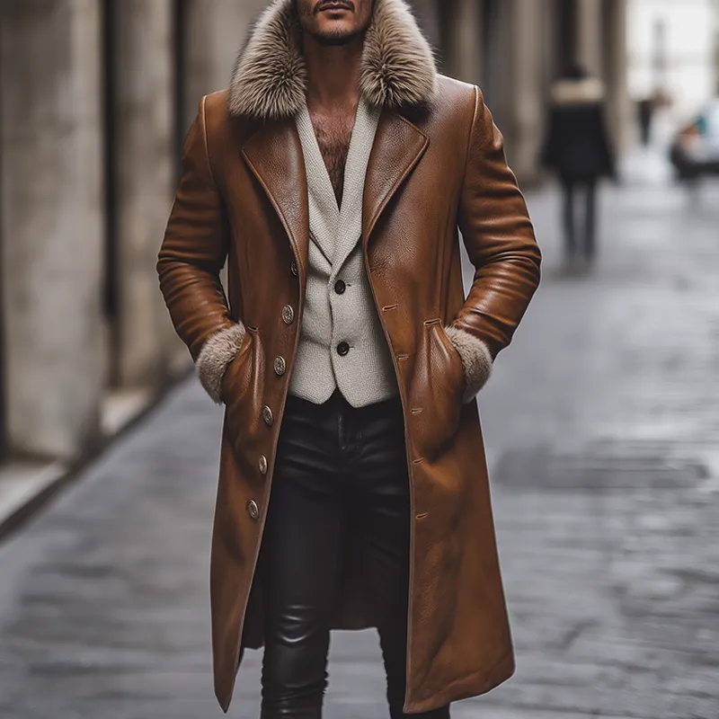 Men's Retro Casual Fur Collar Faux Leather Long Coat MTA2282I2TO sold by Manly product image thumbnail 2