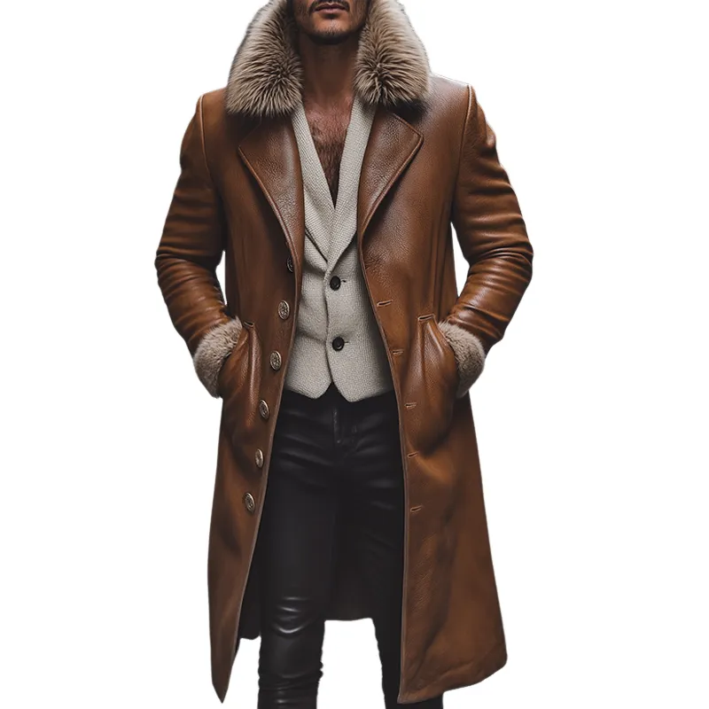 Men's Retro Casual Fur Collar Faux Leather Long Coat MTA2282I2TO sold by Manly