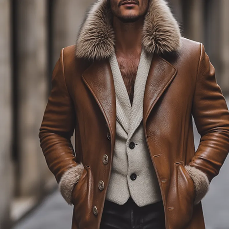 Men's Retro Casual Fur Collar Faux Leather Long Coat MTA2282I2TO sold by Manly product image thumbnail 3