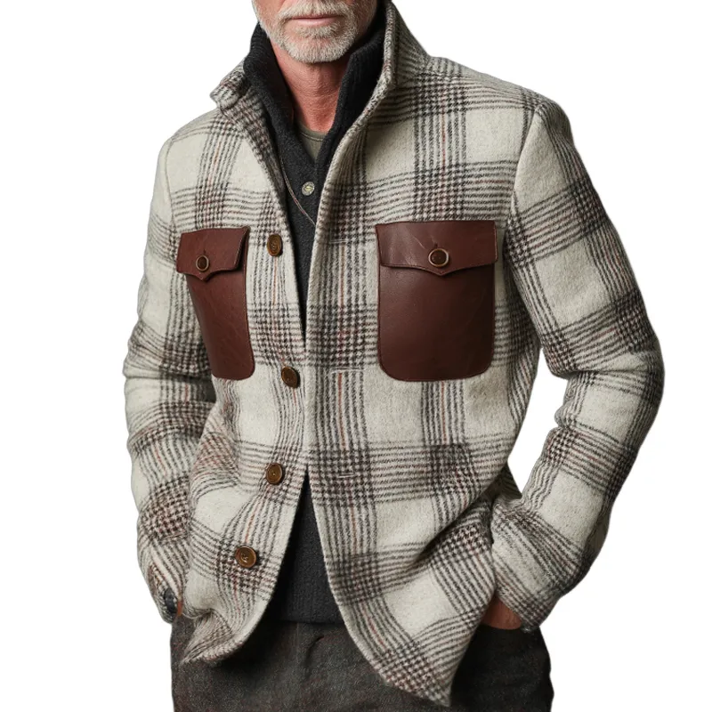 Men's Retro Casual Plaid Stitching Stand Collar Jacket MTA1915I1TO sold by Manly