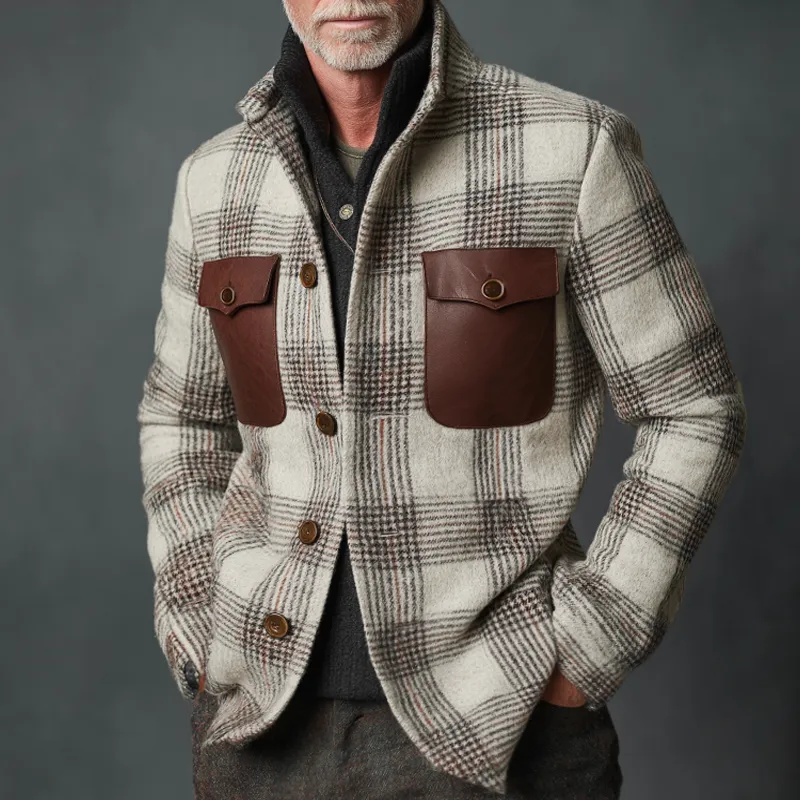 Men's Retro Casual Plaid Stitching Stand Collar Jacket MTA1915I1TO sold by Manly product image thumbnail 2