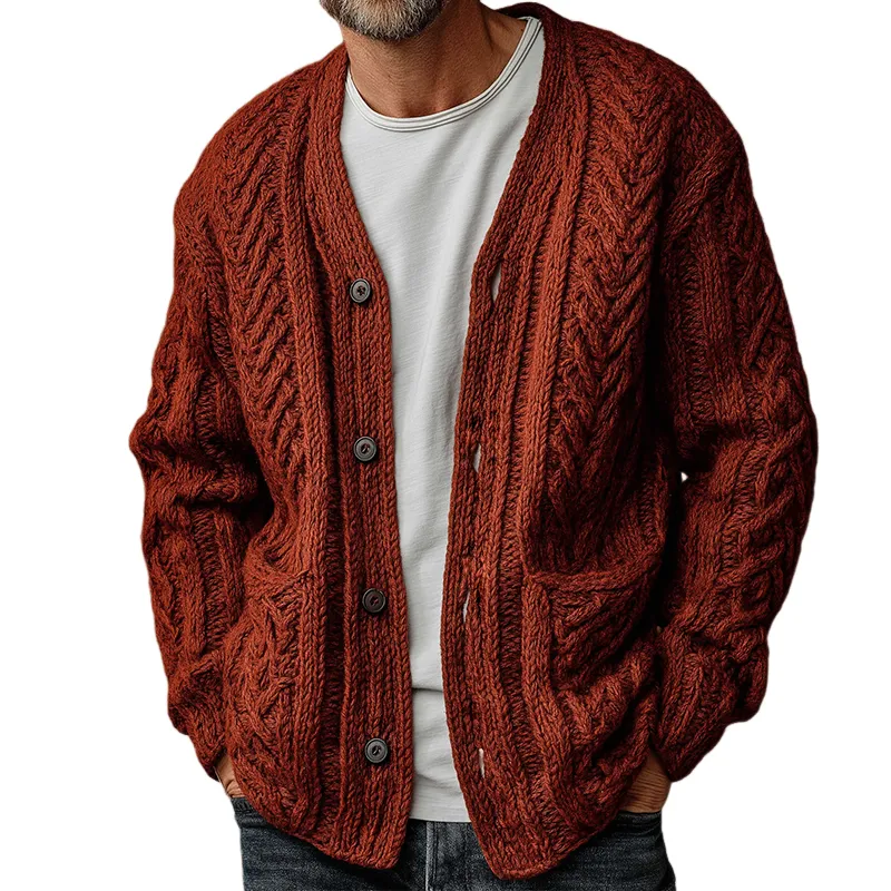 Men's Retro Casual Solid Color Cable-knit Button Cardigan MTA1937I6TO sold by Manly