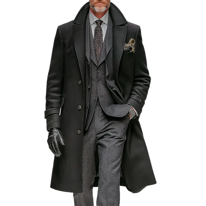 Men's Retro Casual Solid Color Faux Tweed Lapel Long Coat MTA1959I9TO sold by Manly