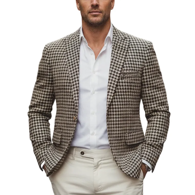 Men's Classic Light Business Faux Woolen Houndstooth Single-breasted Blazer MTA2289I6K sold by Manly