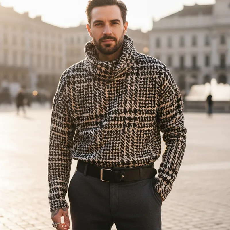 Men's Classic Houndstooth Stacked Collar Knit Sweater MTA2257I8U sold by Manly product image thumbnail 4