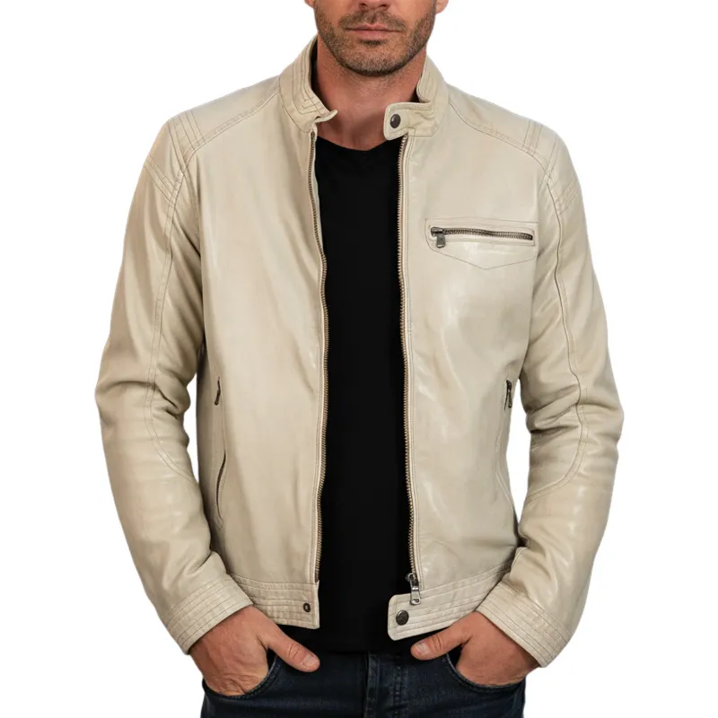 Men's Classic Stand-up Collar PU Leather Zip-up Jacket MTA2271I7U sold by Manly