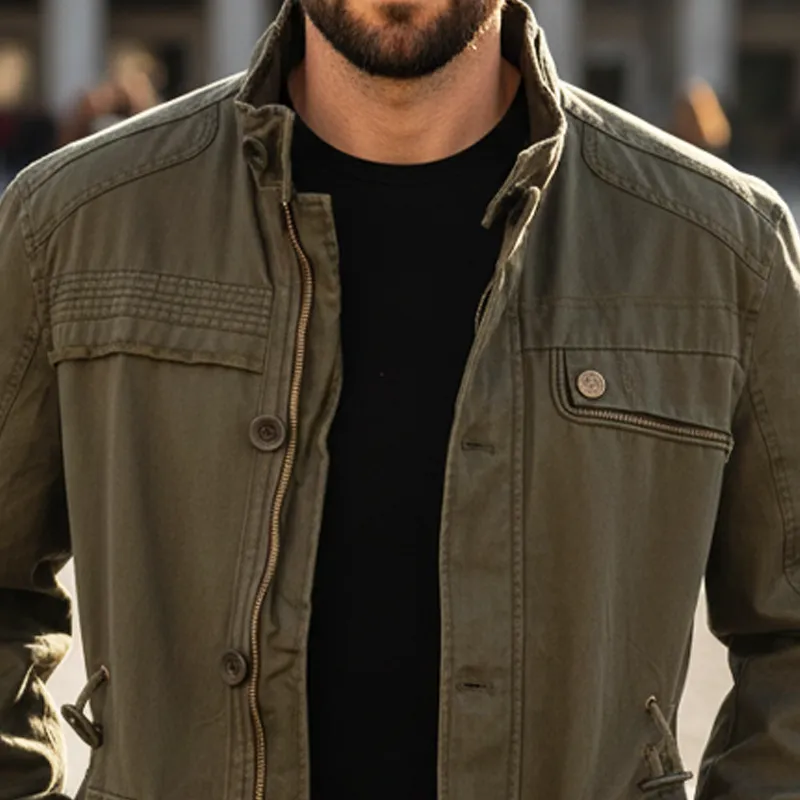 Men's Vintage Army Green Washed Cotton Stand-up Collar Jacket MTA2282I9U sold by Manly product image thumbnail 4