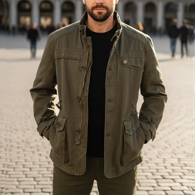 Men's Vintage Army Green Washed Cotton Stand-up Collar Jacket MTA2282I9U sold by Manly product image thumbnail 2