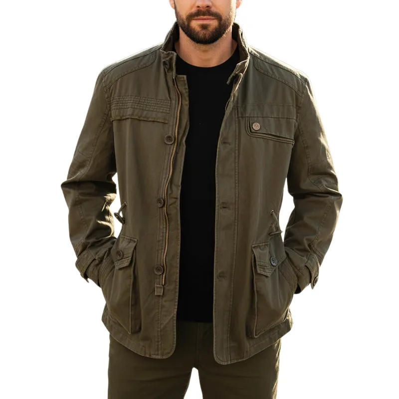 Men's Vintage Army Green Washed Cotton Stand-up Collar Jacket MTA2282I9U sold by Manly