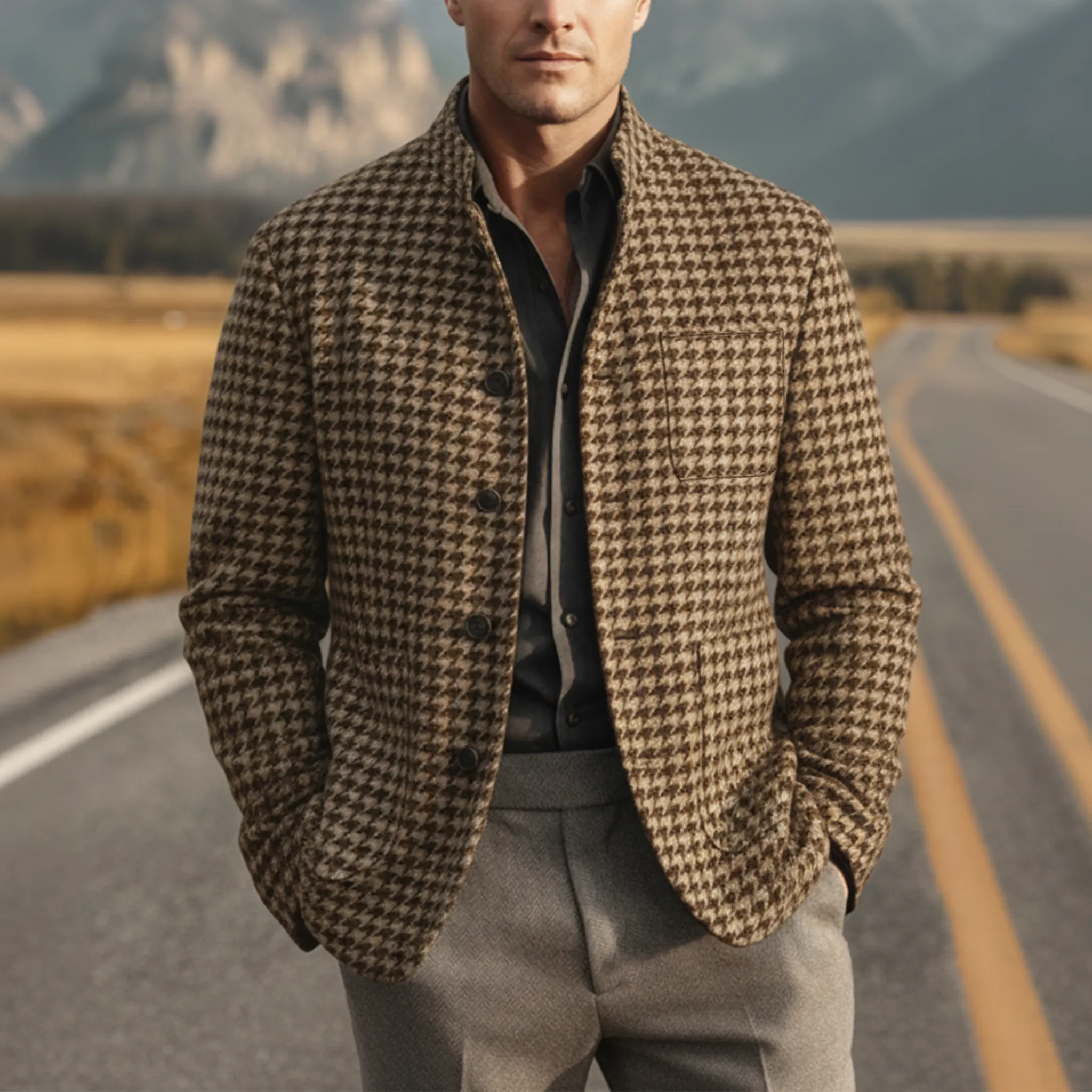 Men's Classic Retro Stand Collar Faux Houndstooth Wool Jacket MTA2505I3K sold by Manly product image thumbnail 2