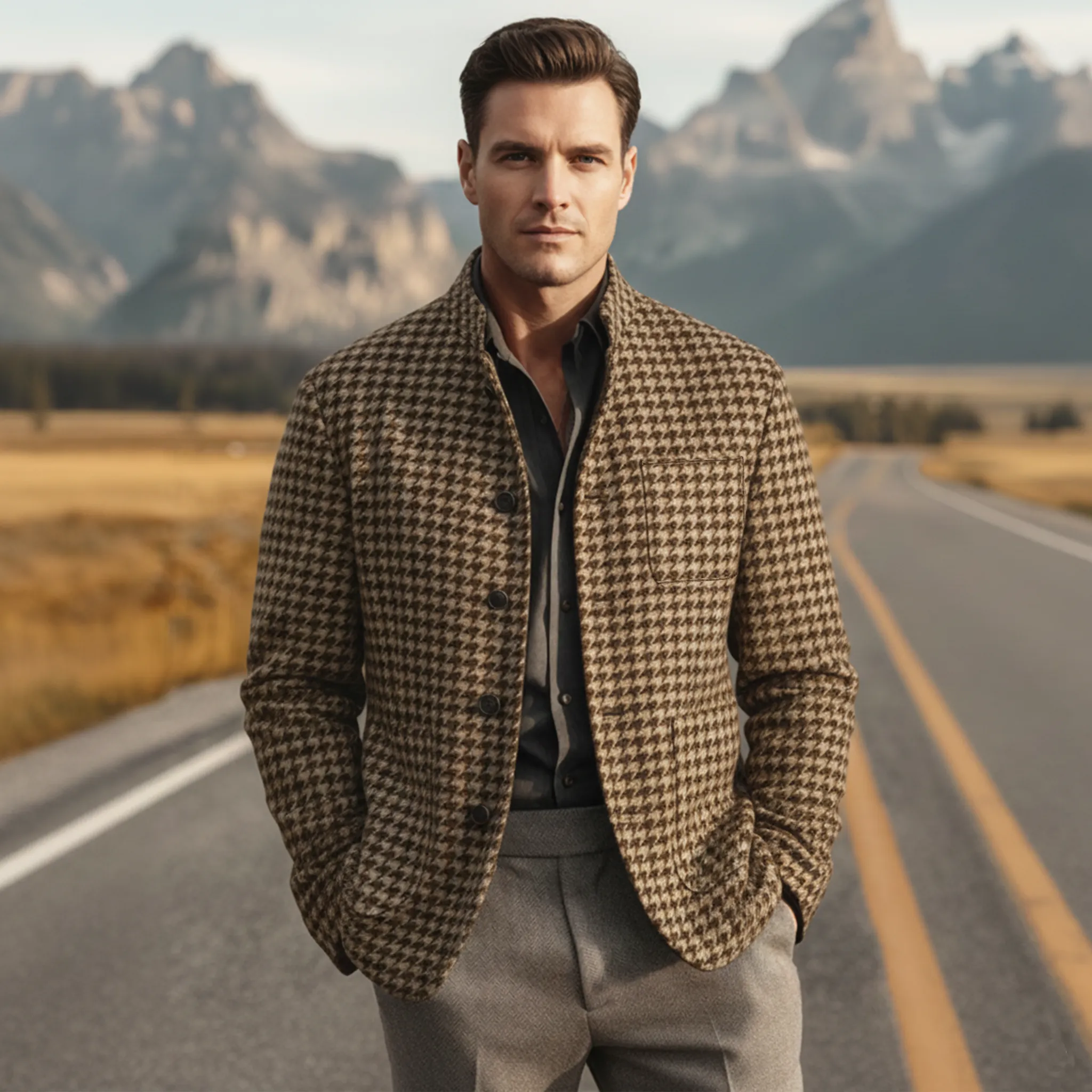 Men's Classic Retro Stand Collar Faux Houndstooth Wool Jacket MTA2505I3K sold by Manly product image thumbnail 3