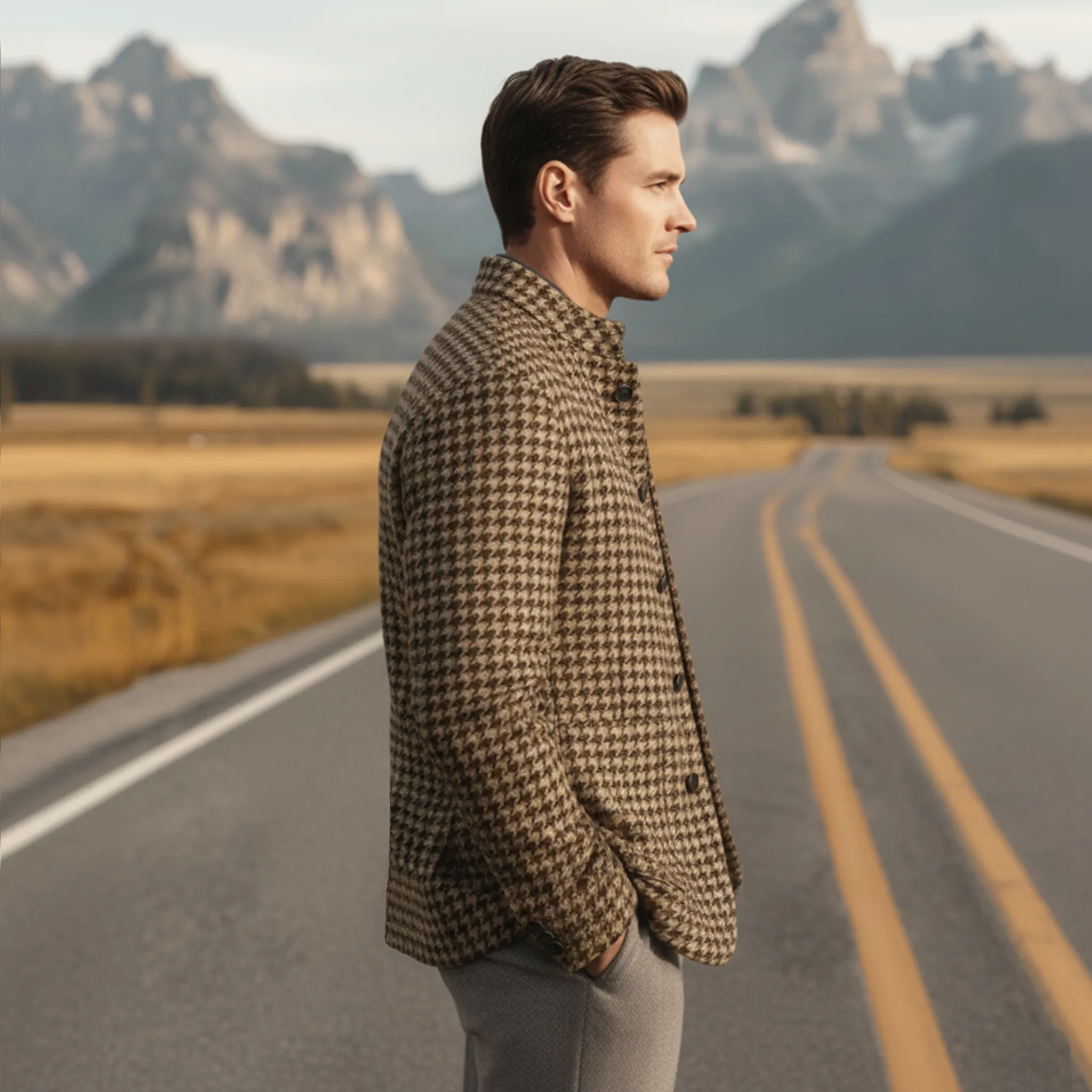 Men's Classic Retro Stand Collar Faux Houndstooth Wool Jacket MTA2505I3K sold by Manly product image thumbnail 4