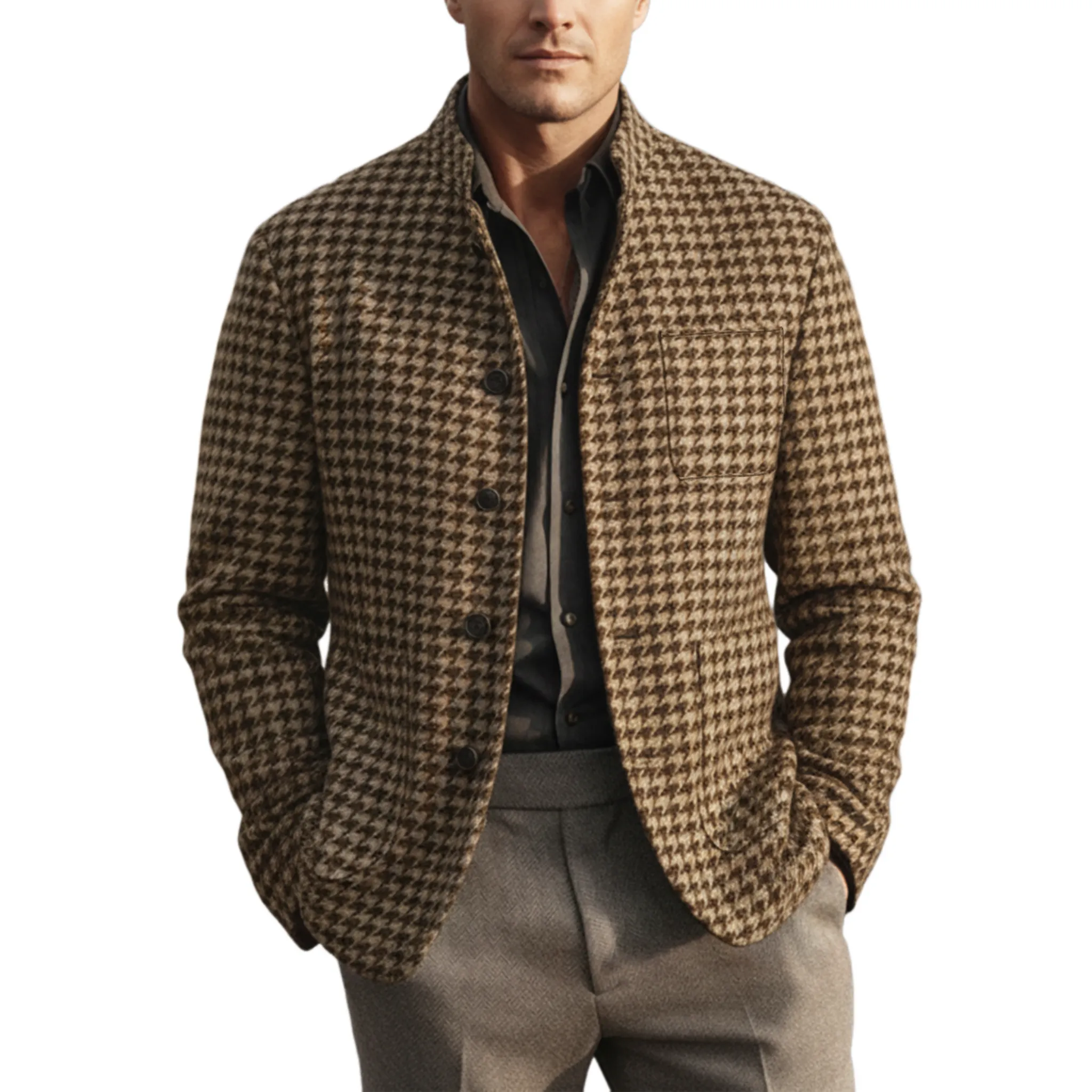 Men's Classic Retro Stand Collar Faux Houndstooth Wool Jacket MTA2505I3K sold by Manly