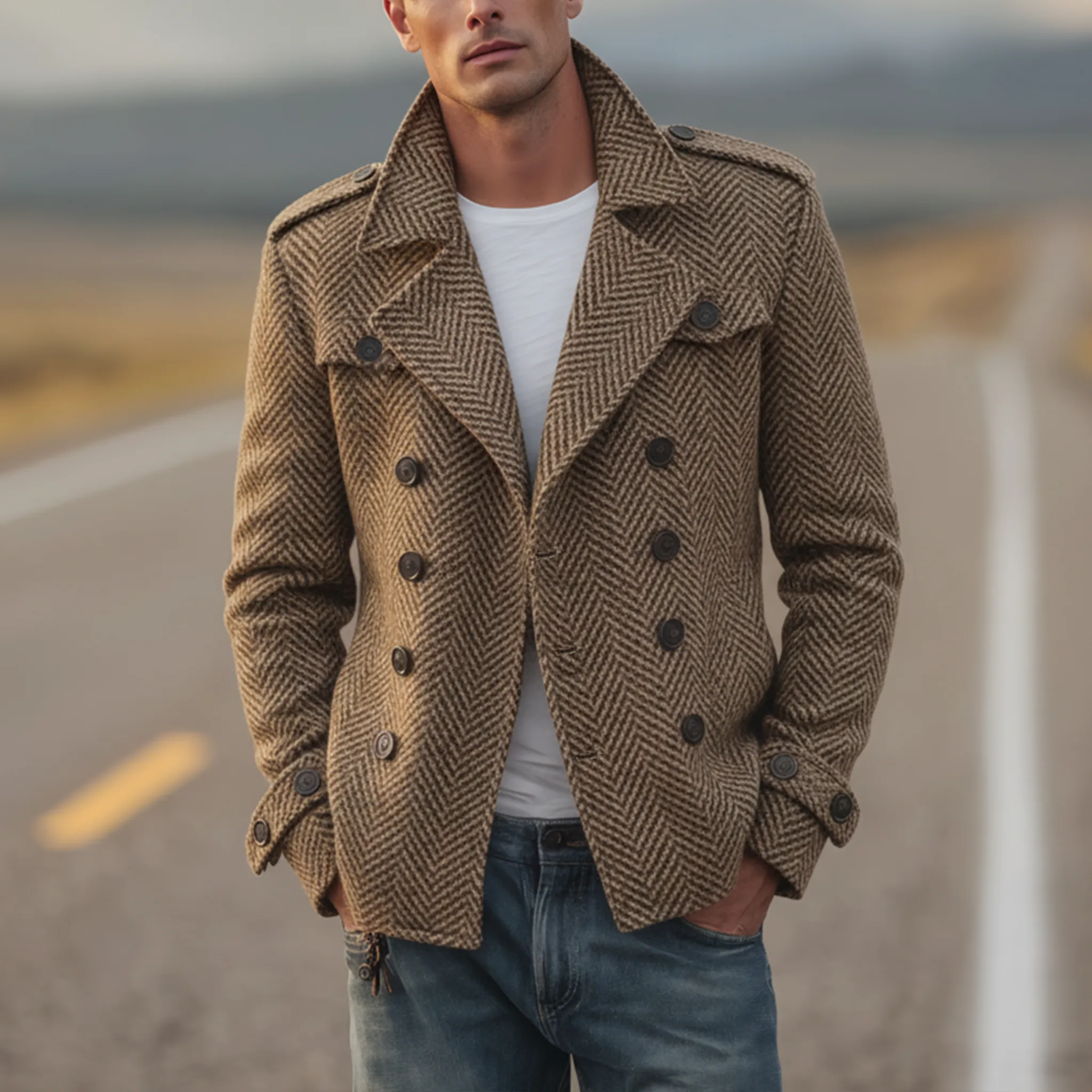Men's Classic Vintage Western Style Faux Herringbone Wool Double Breasted Jacket MTA2547I6K sold by Manly product image thumbnail 2