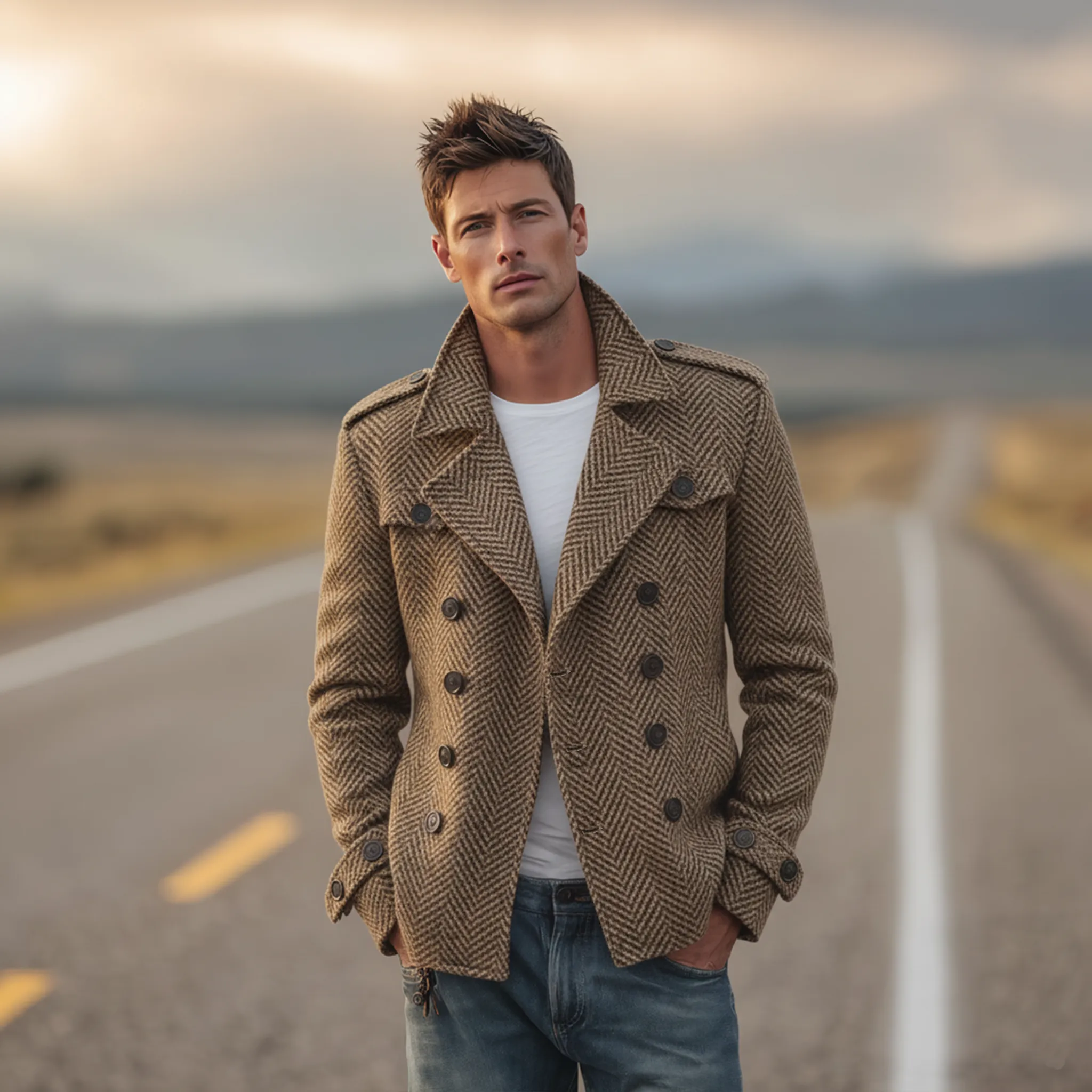 Men's Classic Vintage Western Style Faux Herringbone Wool Double Breasted Jacket MTA2547I6K sold by Manly product image thumbnail 3