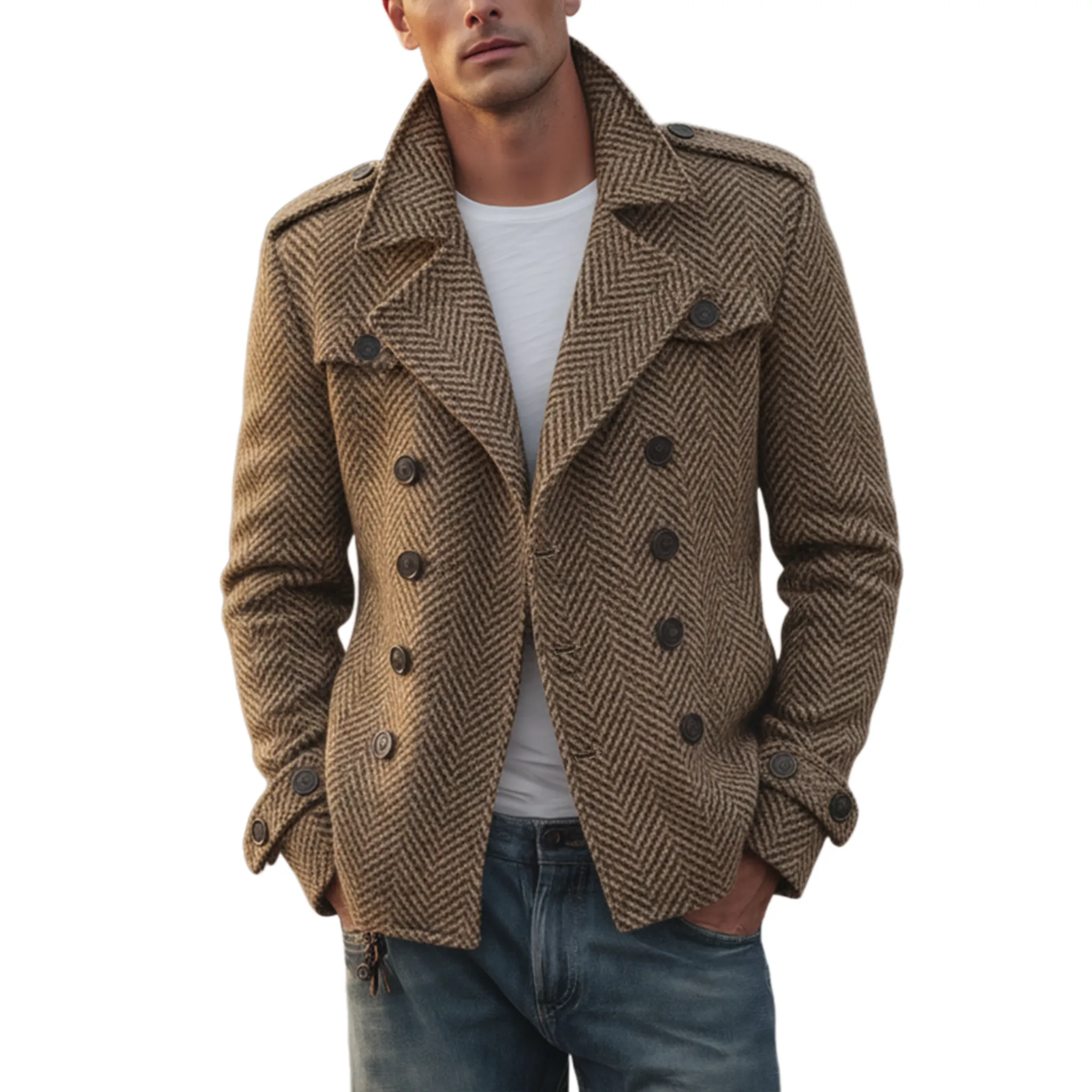 Men's Classic Vintage Western Style Faux Herringbone Wool Double Breasted Jacket MTA2547I6K sold by Manly