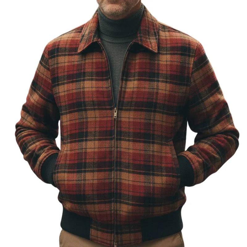 Men's Retro Casual Plaid Print Lapel Zipper Jacket MTA2406I1TO sold by Manly