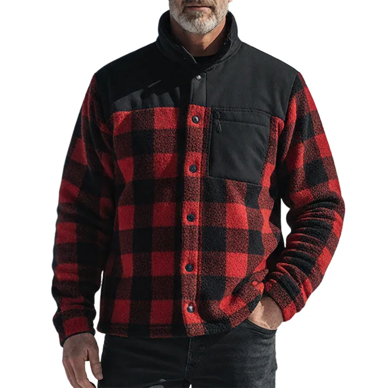 Men's Retro Casual Warm Plaid Print Plush Stand Collar Button Jacket MTA2523I2TO sold by Manly