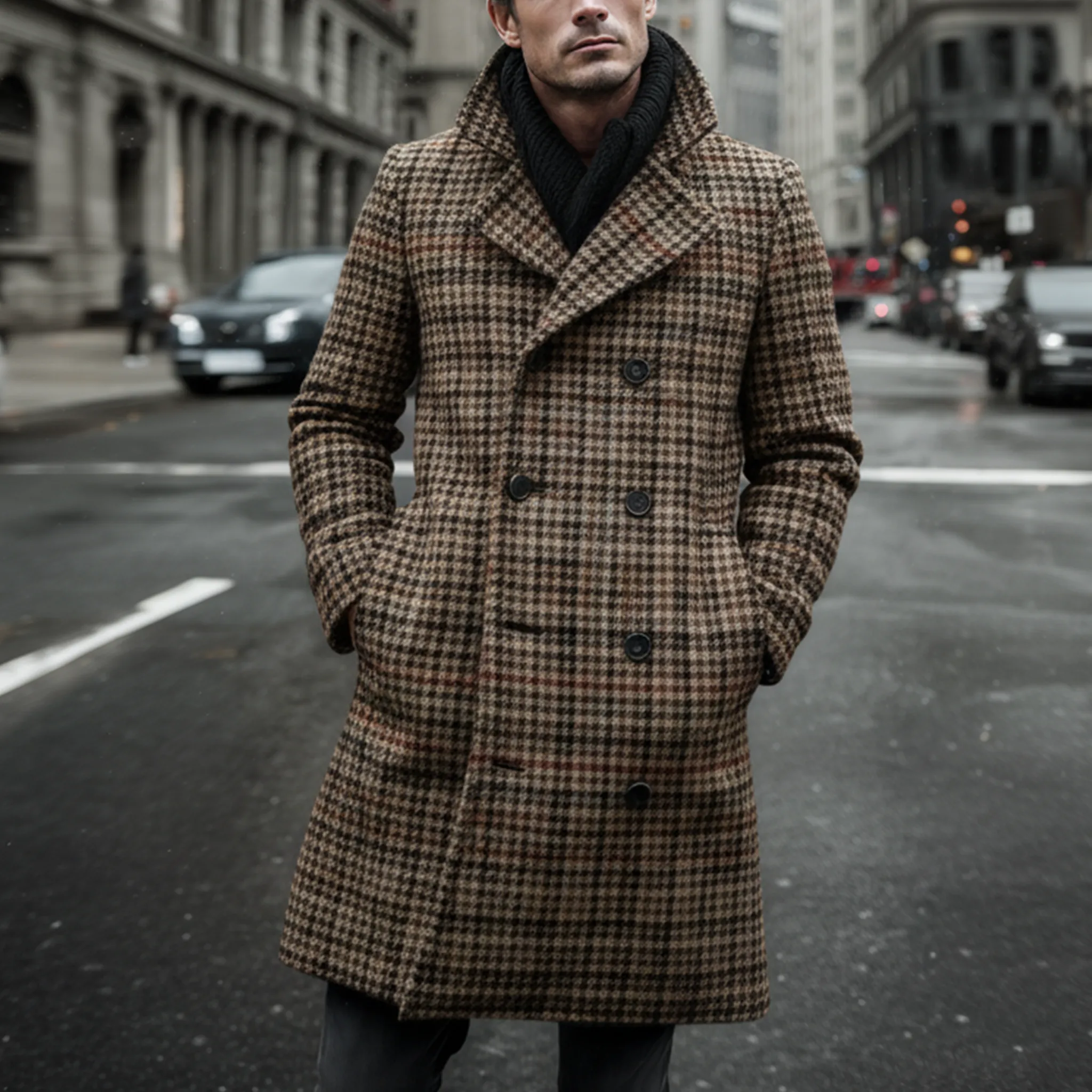 Men's Classic Vintage Faux Houndstooth Wool Double-breasted Knee-length Coat MTA2561I0K sold by Manly product image thumbnail 2
