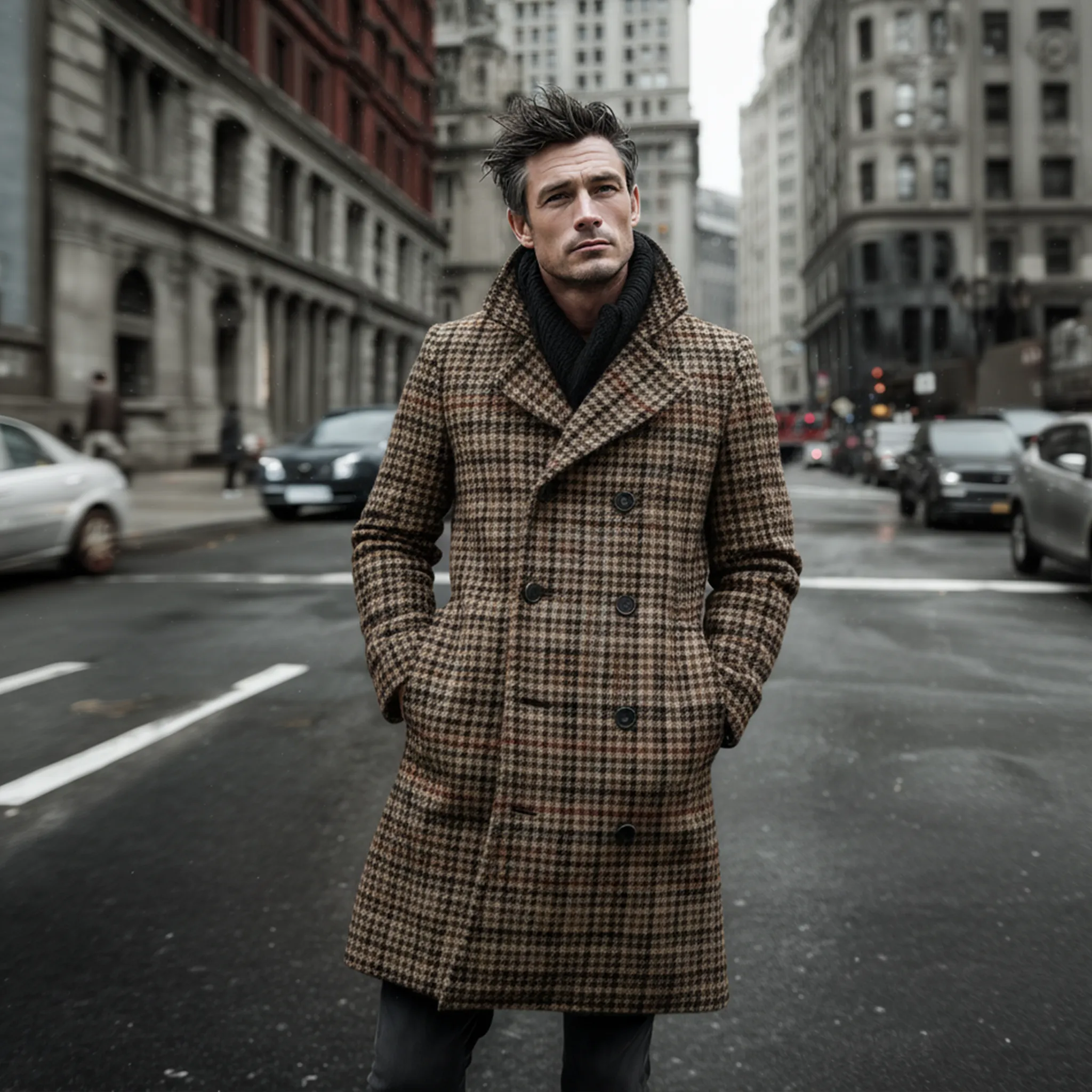 Men's Classic Vintage Faux Houndstooth Wool Double-breasted Knee-length Coat MTA2561I0K sold by Manly product image thumbnail 3