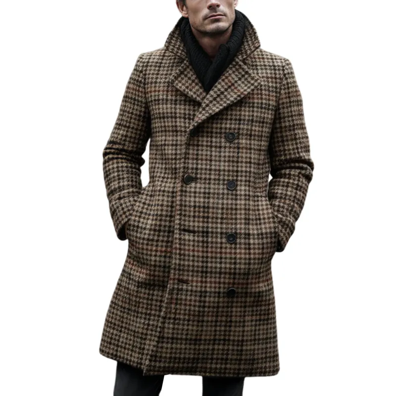 Men's Classic Vintage Faux Houndstooth Wool Double-breasted Knee-length Coat MTA2561I0K sold by Manly