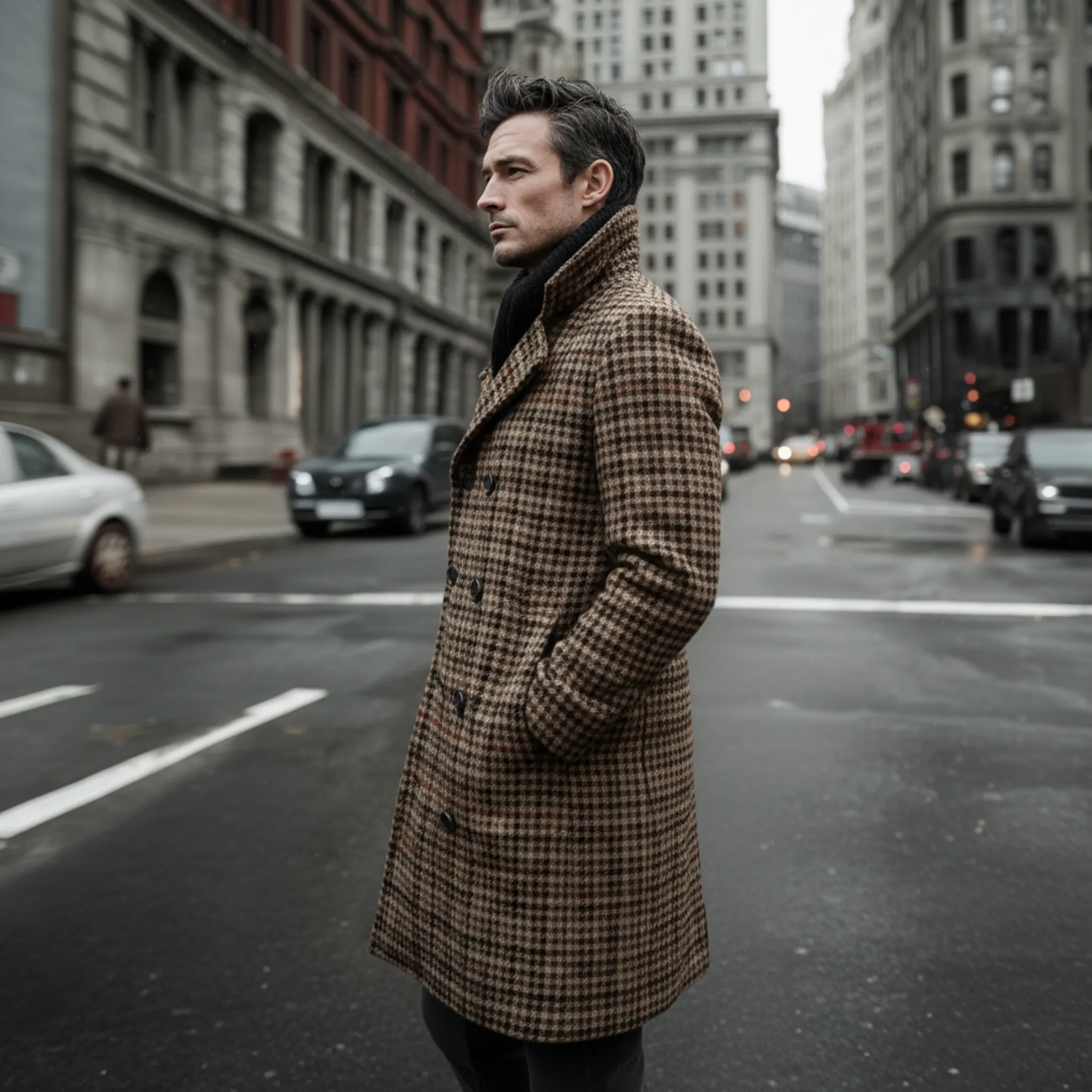 Men's Classic Vintage Faux Houndstooth Wool Double-breasted Knee-length Coat MTA2561I0K sold by Manly product image thumbnail 4