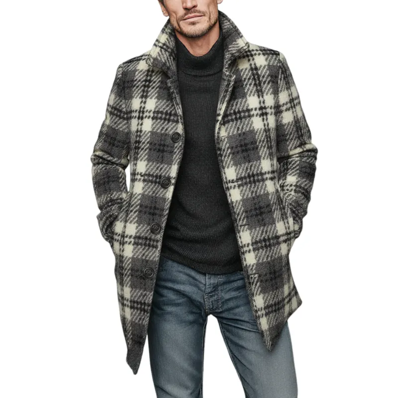 Men's Classic Vintage Faux Check Woolen Single-breasted Thigh-length Coat MTA2520I7K sold by Manly