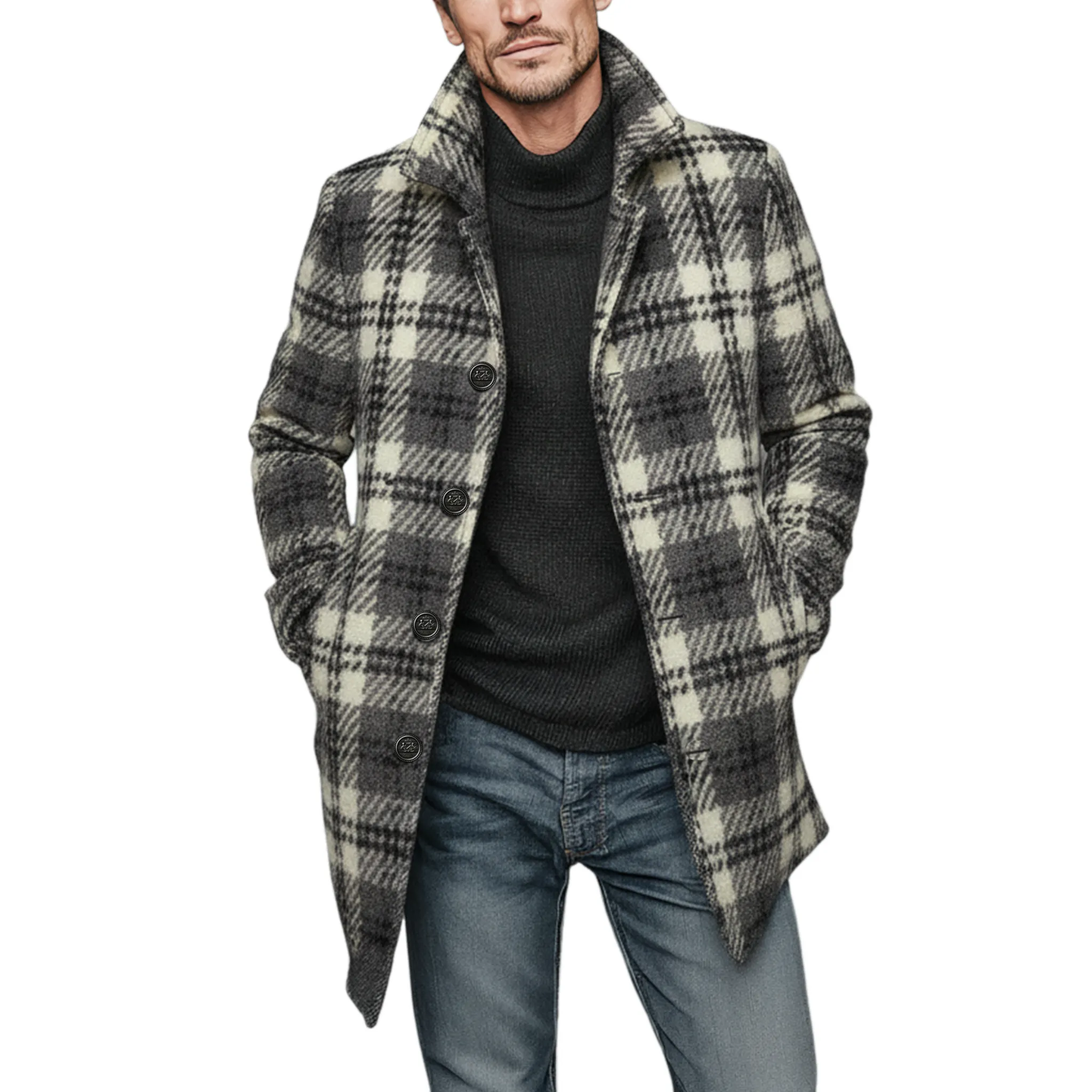 Men's Classic Vintage Faux Check Woolen Single-breasted Thigh-length Coat MTA2520I7K sold by Manly