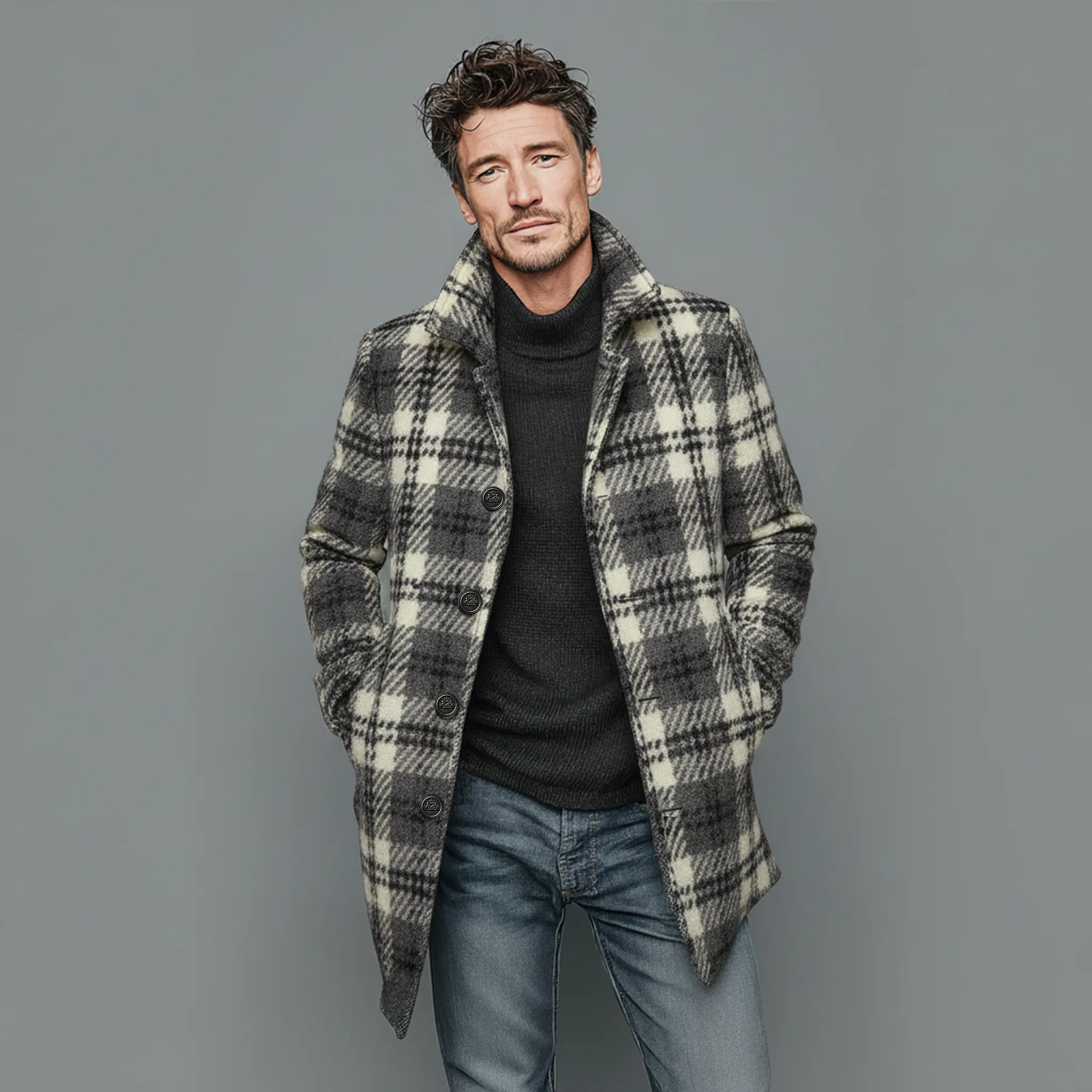 Men's Classic Vintage Faux Check Woolen Single-breasted Thigh-length Coat MTA2520I7K sold by Manly product image thumbnail 3