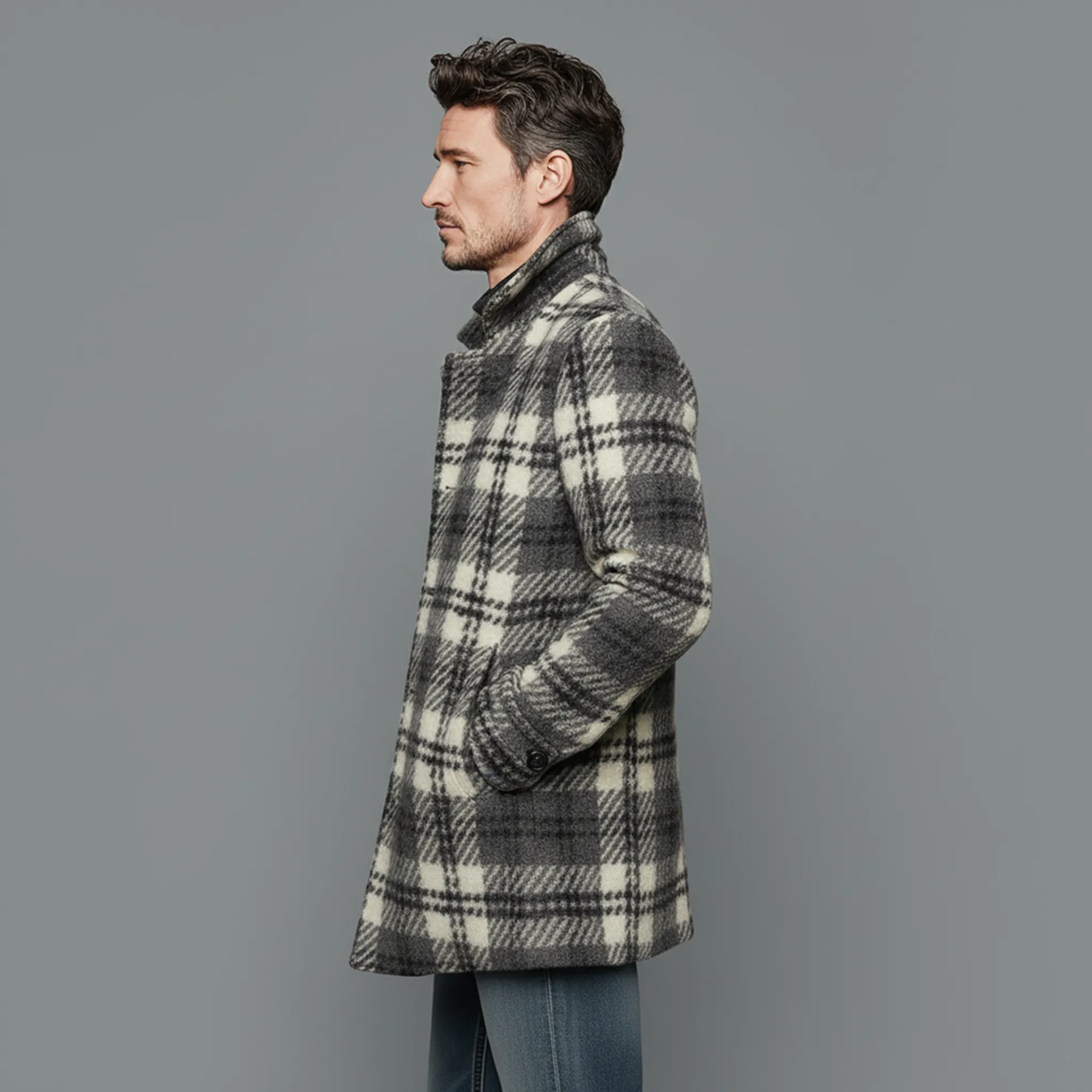 Men's Classic Vintage Faux Check Woolen Single-breasted Thigh-length Coat MTA2520I7K sold by Manly product image thumbnail 5