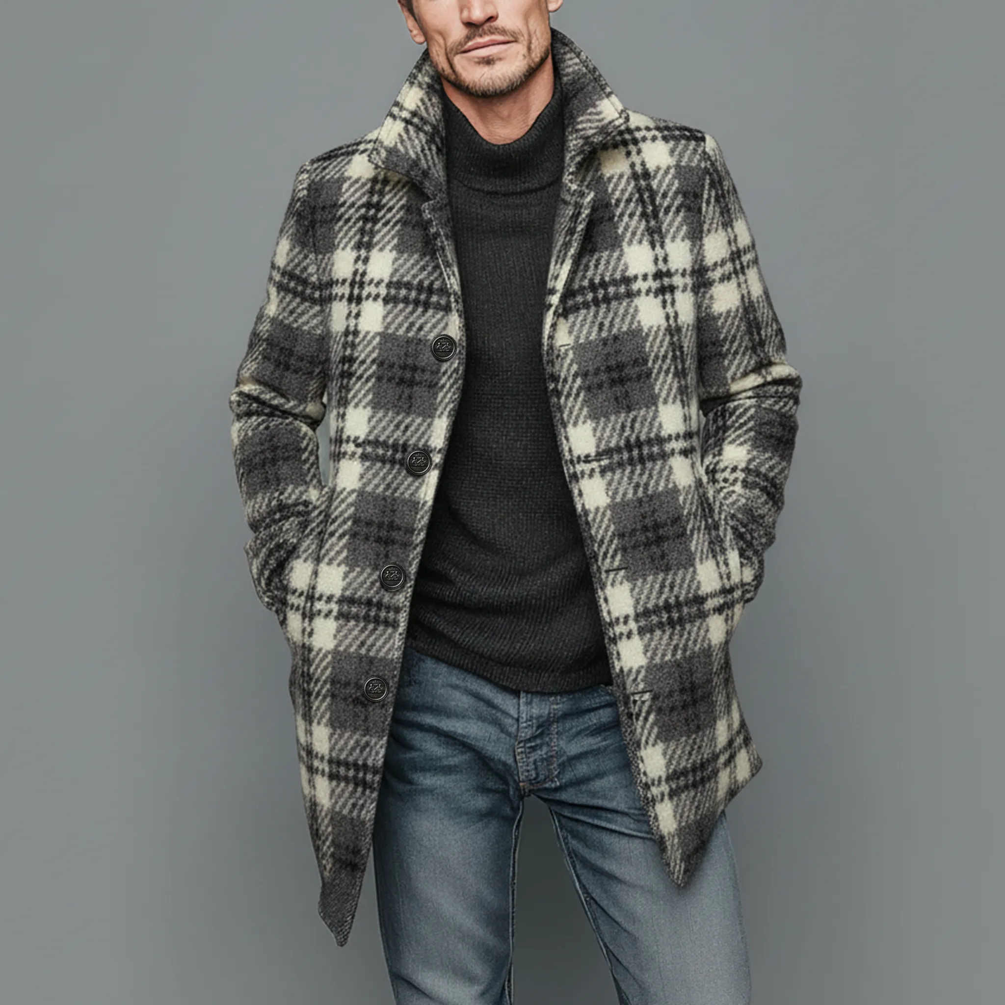 Men's Classic Vintage Faux Check Woolen Single-breasted Thigh-length Coat MTA2520I7K sold by Manly product image thumbnail 2