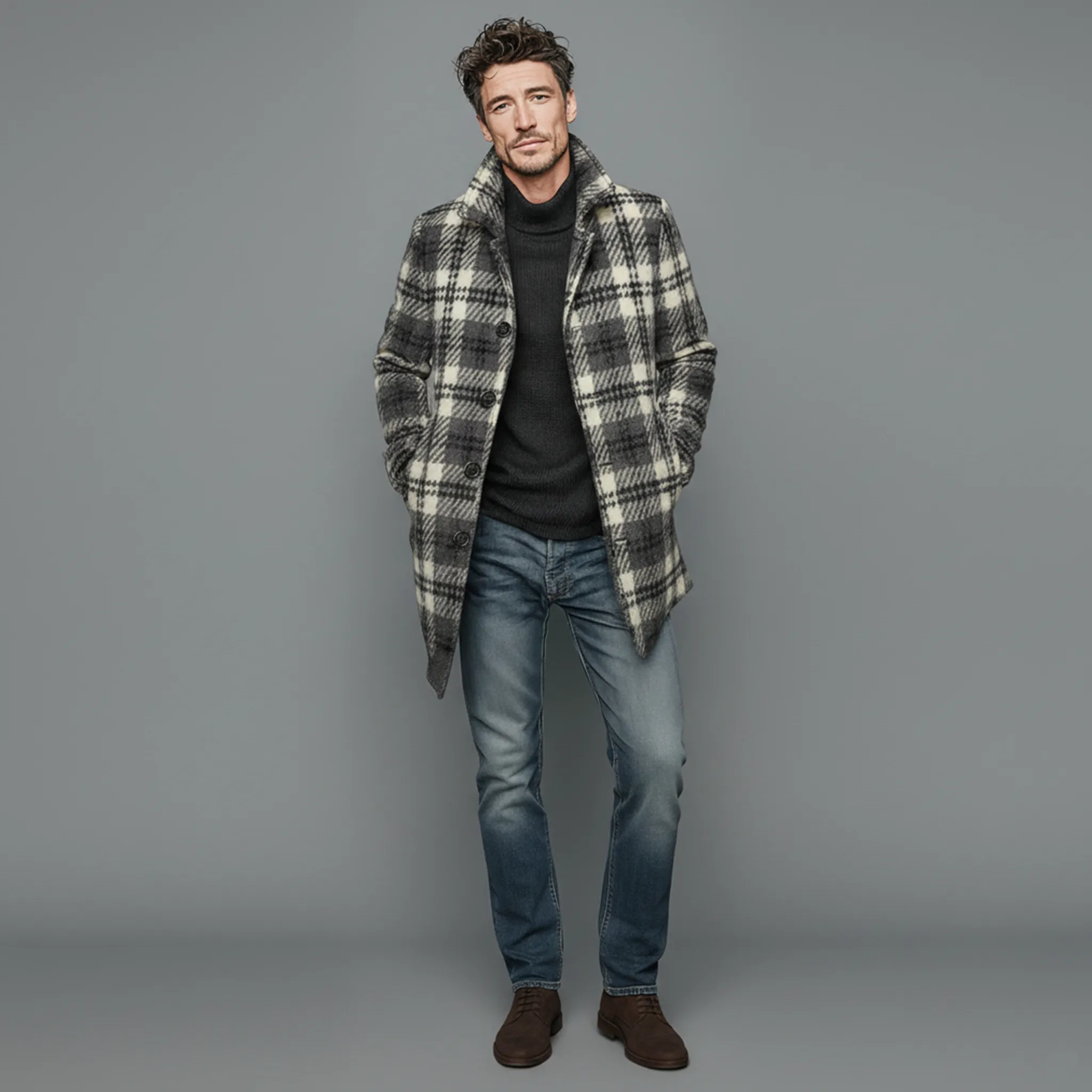 Men's Classic Vintage Faux Check Woolen Single-breasted Thigh-length Coat MTA2520I7K sold by Manly product image thumbnail 4