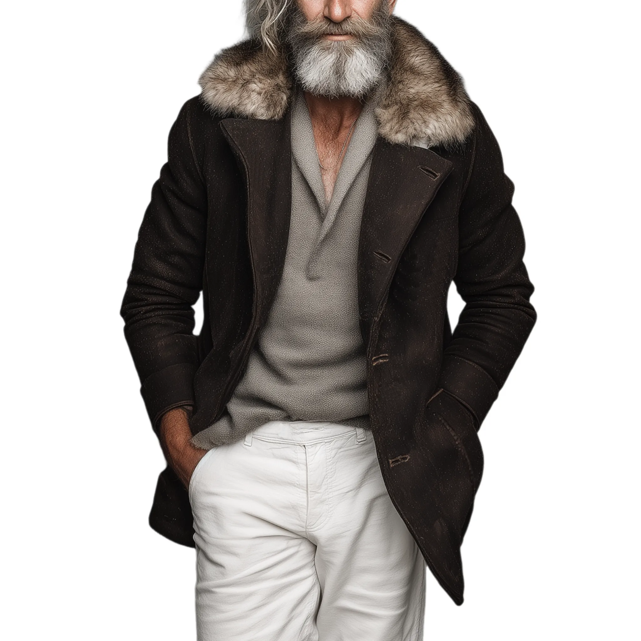 Men's Classic Vintage Faux Wool Single-breasted Thigh-length Coat (with Detachable Faux Fur Collar) MTA2532I3K sold by Manly
