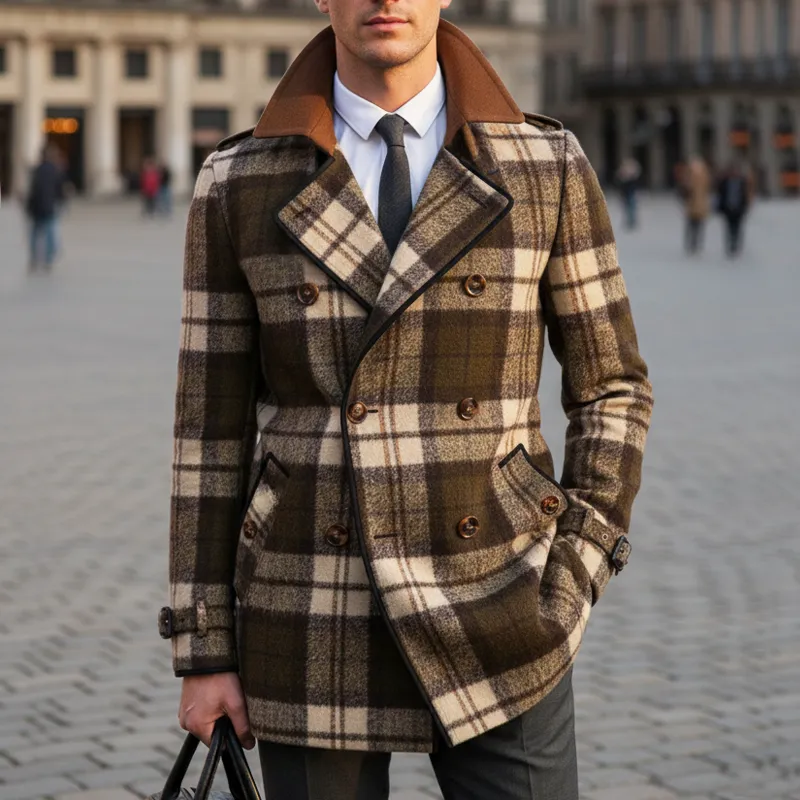 Men's Classic Plaid Colorblock Collar Double-Breasted Short Coat MTA2591I2U sold by Manly product image thumbnail 2