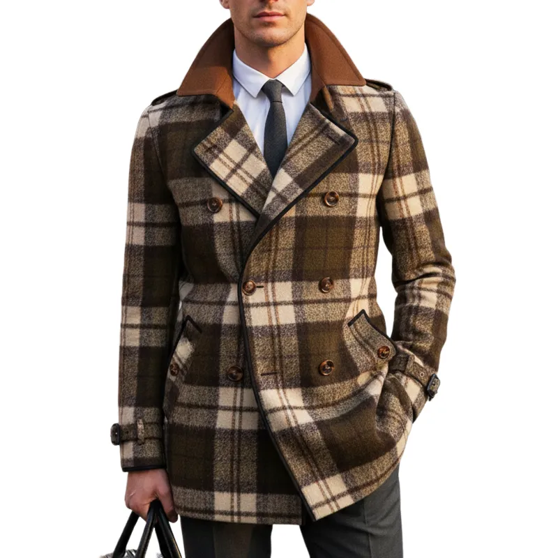 Men's Classic Plaid Colorblock Collar Double-Breasted Short Coat MTA2591I2U sold by Manly