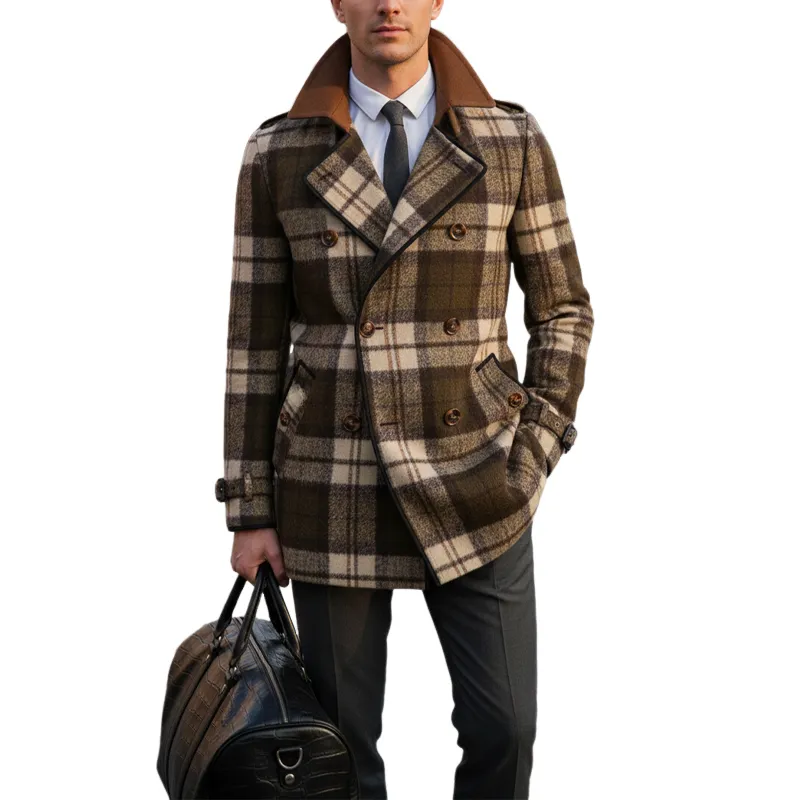 Men's Classic Plaid Colorblock Collar Double-Breasted Short Coat MTA2591I2U sold by Manly product image thumbnail 4