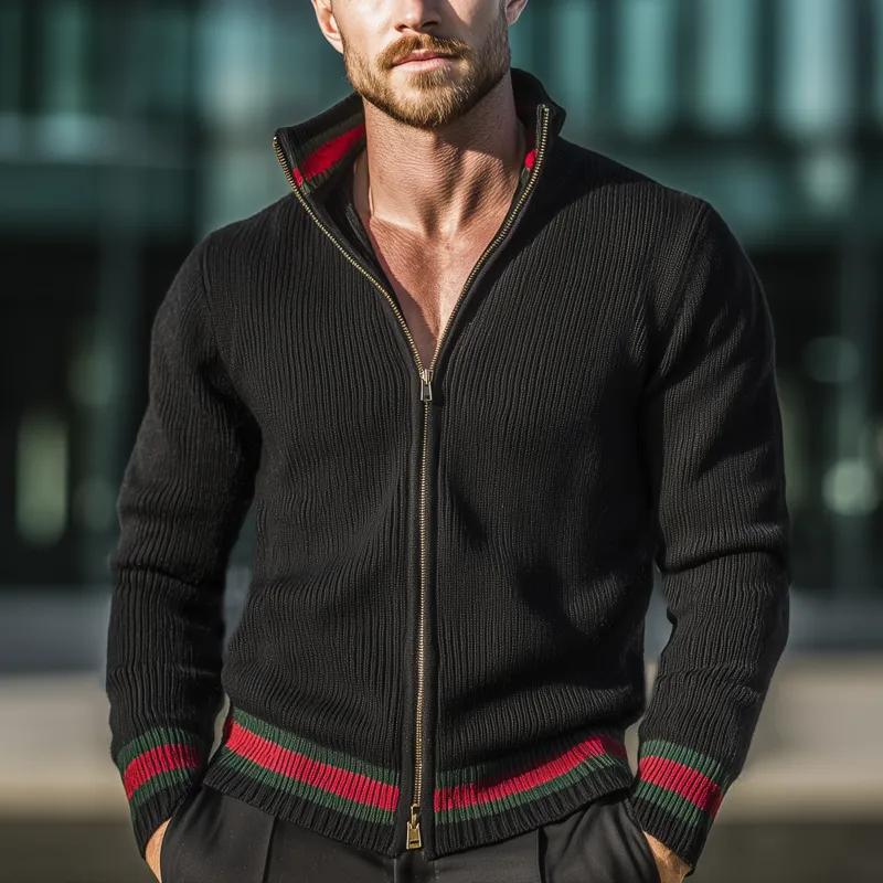 Men's Classic Color-block Stand-up Collar Zip-up Knit Cardigan MTA2587I9U sold by Manly product image thumbnail 2