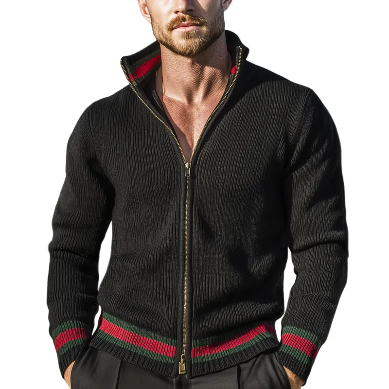 Men's Classic Color-block Stand-up Collar Zip-up Knit Cardigan MTA2587I9U sold by Manly