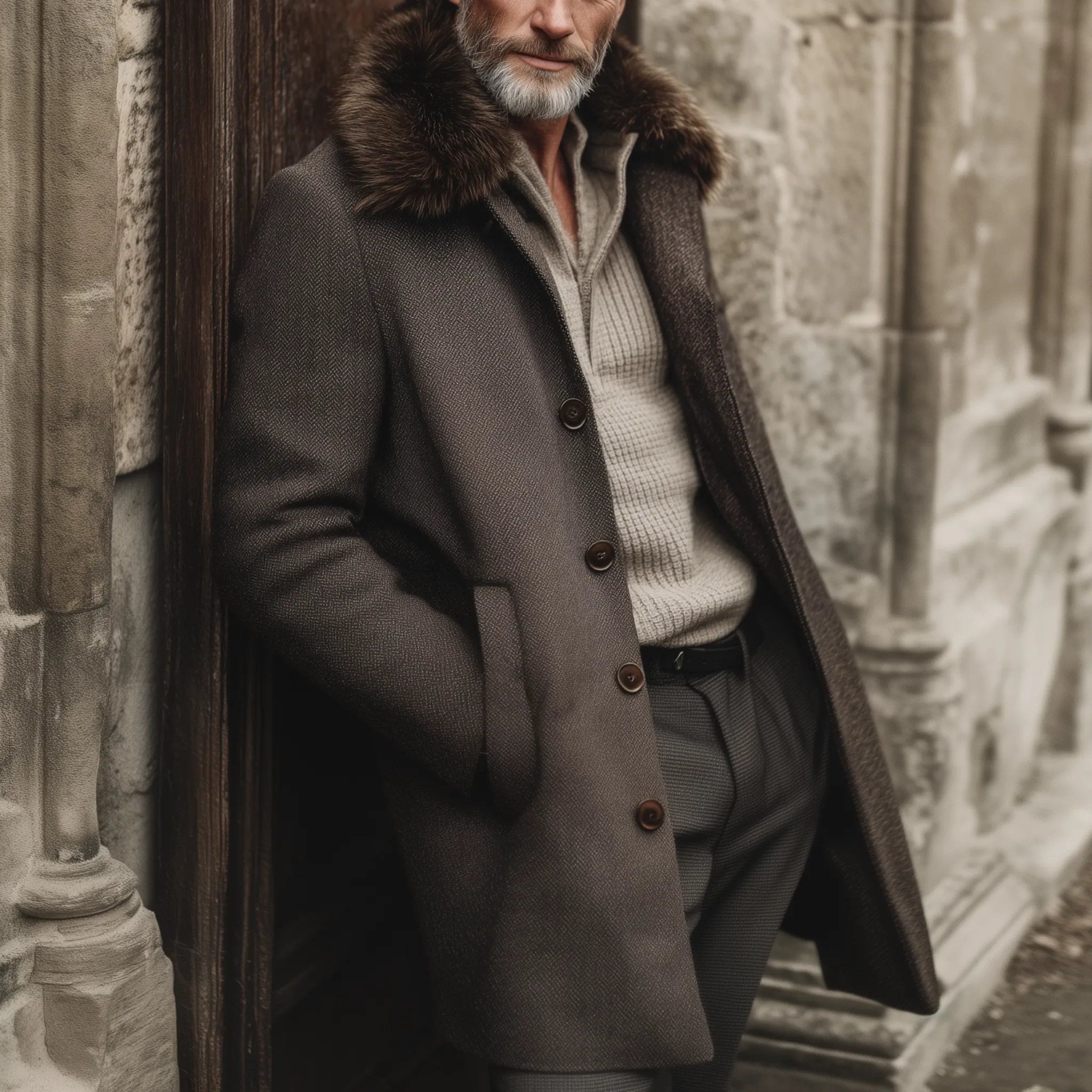 Men's Classic Vintage Faux Herringbone Thigh-Length Coat (Includes Removable Faux Fur Collar) MTA2522I1K sold by Manly product image thumbnail 2