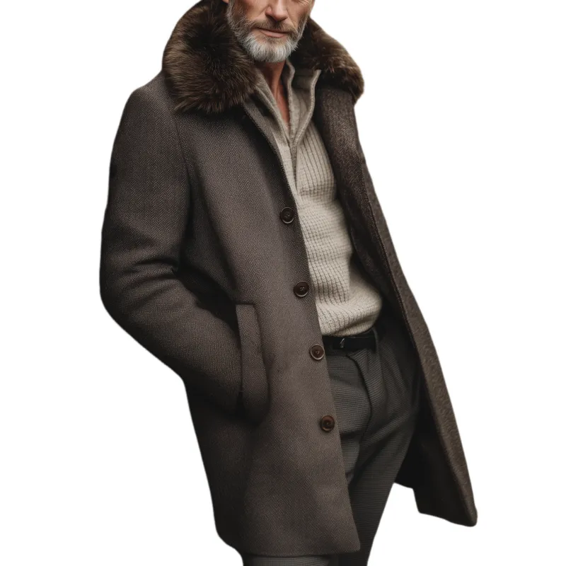Men's Classic Vintage Faux Herringbone Thigh-Length Coat (Includes Removable Faux Fur Collar) MTA2522I1K sold by Manly