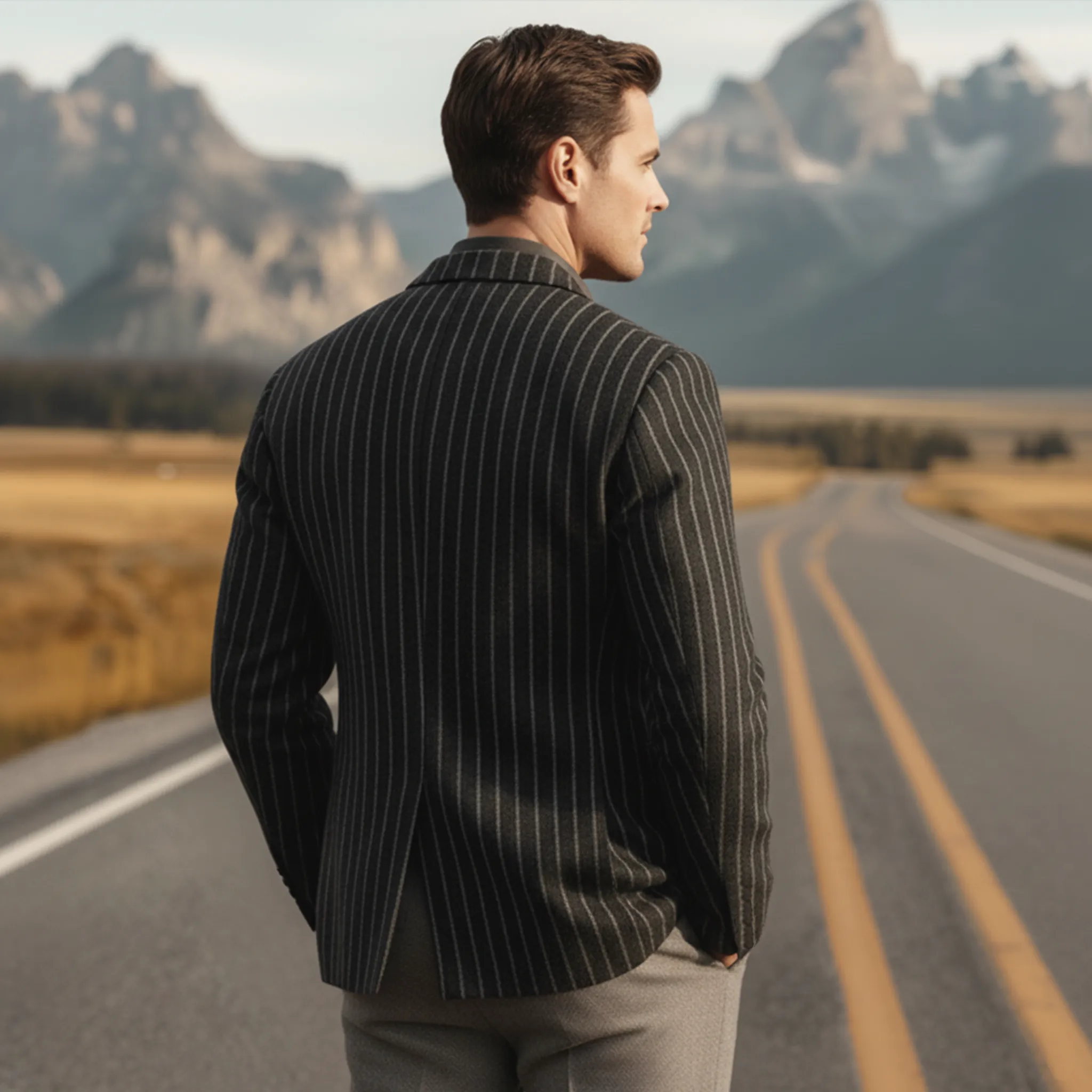 Men's Classic Retro Light Business Faux Vertical Striped Woolen Single-breasted Blazer MTA2568I8K sold by Manly product image thumbnail 5