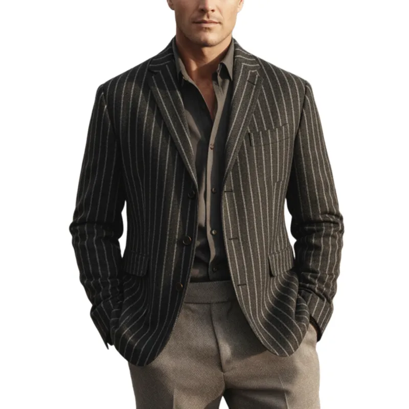 Men's Classic Retro Light Business Faux Vertical Striped Woolen Single-breasted Blazer MTA2568I8K sold by Manly