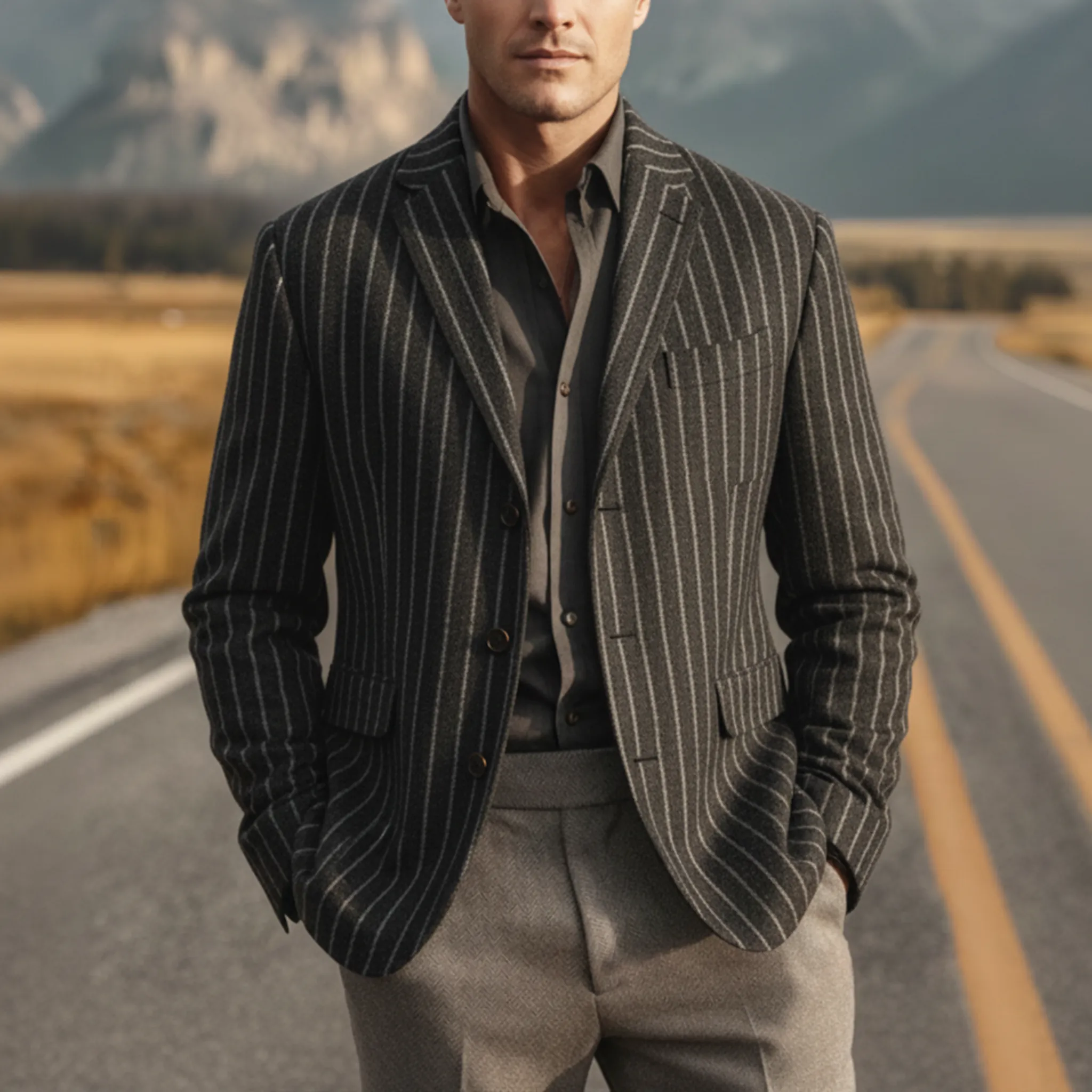 Men's Classic Retro Light Business Faux Vertical Striped Woolen Single-breasted Blazer MTA2568I8K sold by Manly product image thumbnail 2