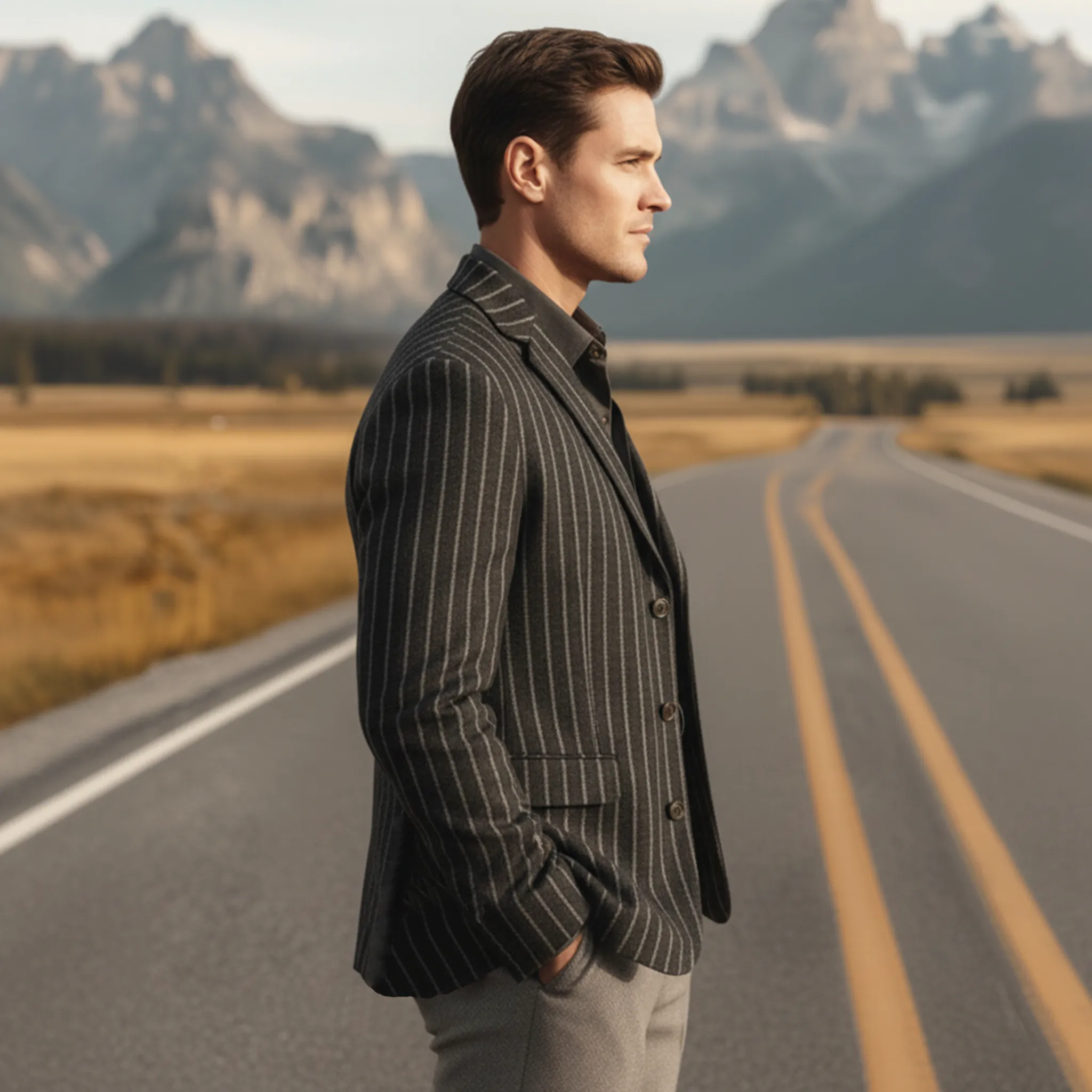 Men's Classic Retro Light Business Faux Vertical Striped Woolen Single-breasted Blazer MTA2568I8K sold by Manly product image thumbnail 4