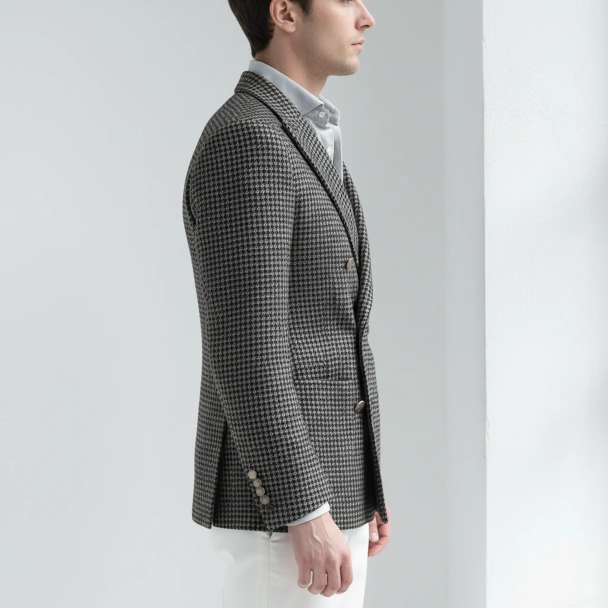 Men's Classic Retro Light Business Faux Small Houndstooth Wool Double-breasted Blazer MTA2584I0K sold by Manly product image thumbnail 5