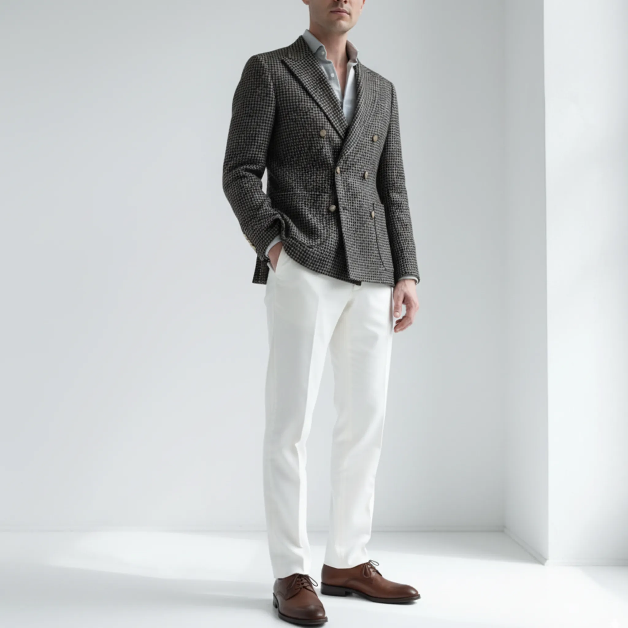 Men's Classic Retro Light Business Faux Small Houndstooth Wool Double-breasted Blazer MTA2584I0K sold by Manly product image thumbnail 4