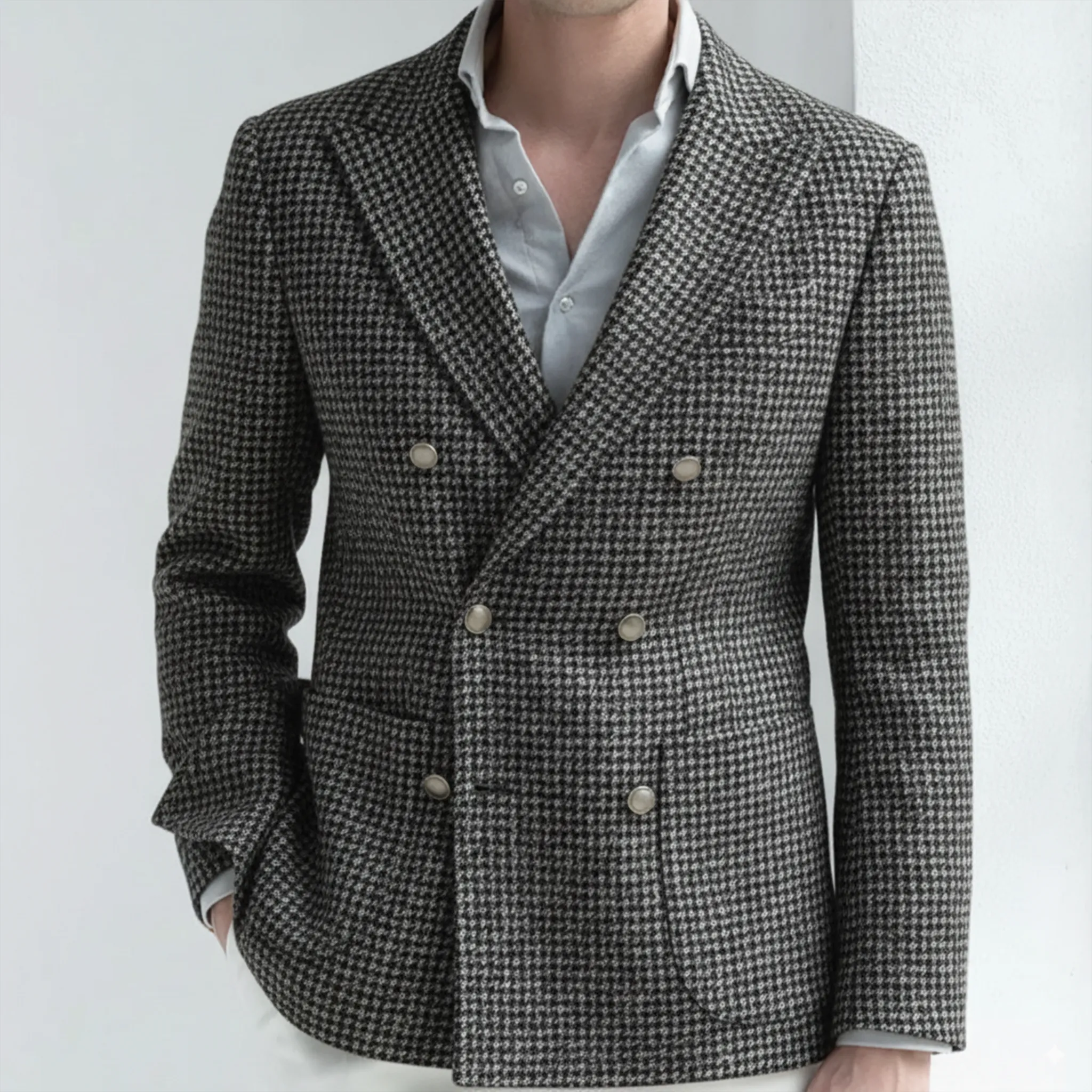Men's Classic Retro Light Business Faux Small Houndstooth Wool Double-breasted Blazer MTA2584I0K sold by Manly product image thumbnail 2