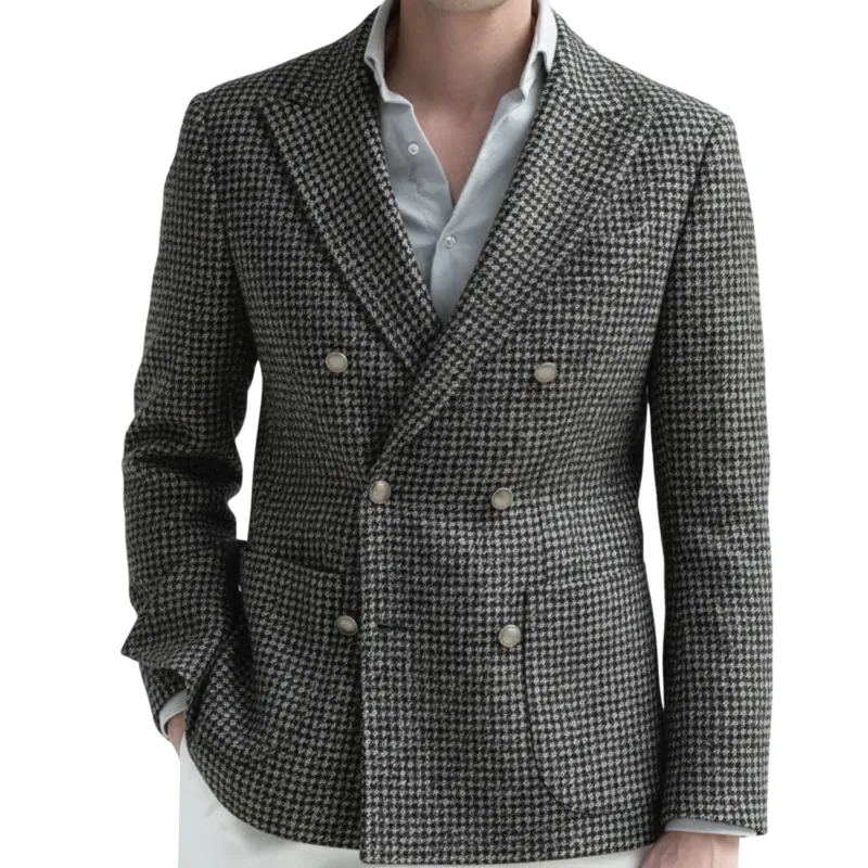 Men's Classic Retro Light Business Faux Small Houndstooth Wool Double-breasted Blazer MTA2584I0K sold by Manly